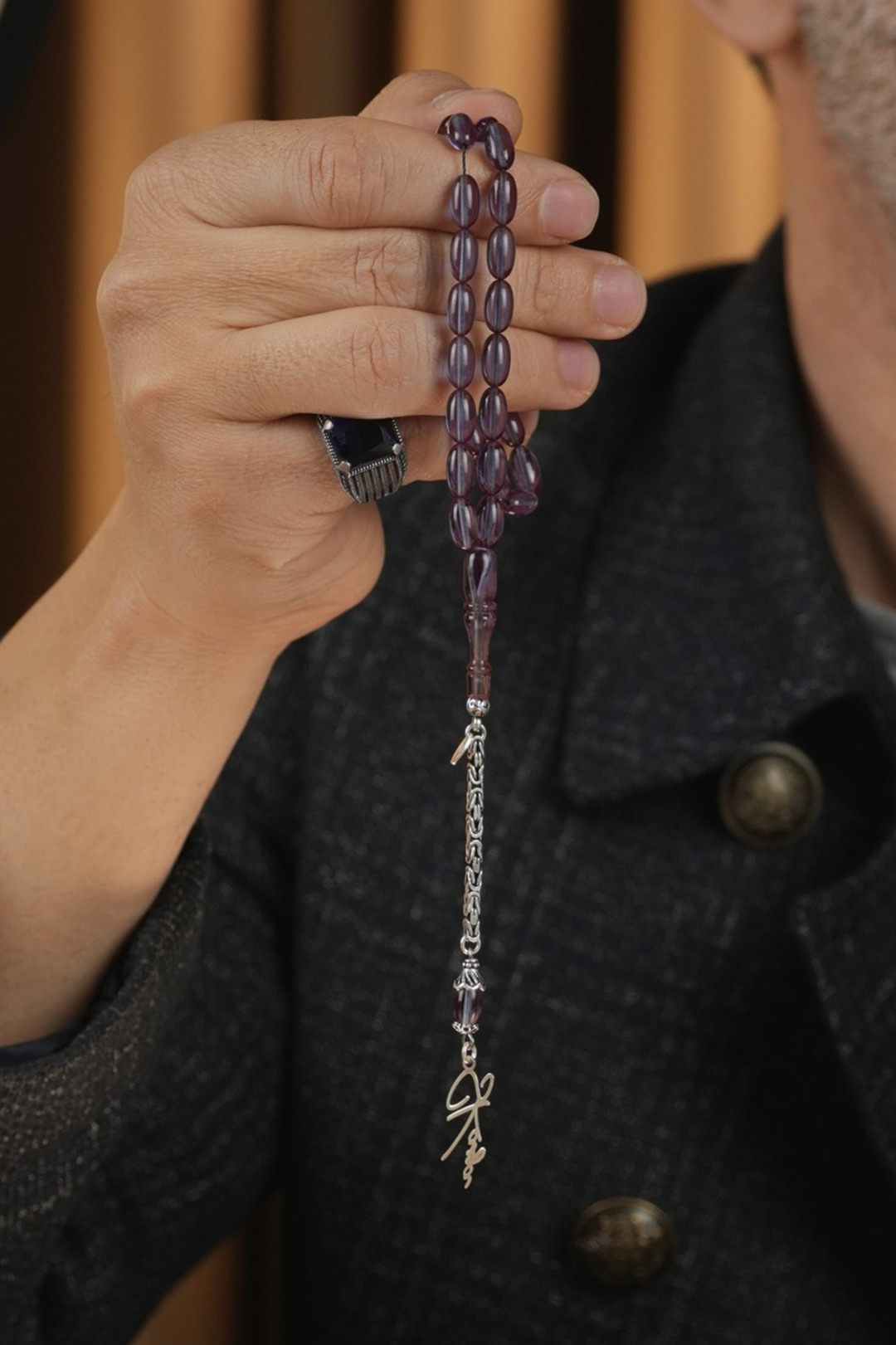 Kişiye Özel Gümüş İmza Tasarım Arpa Kesim Ateş Kehribar Tesbih