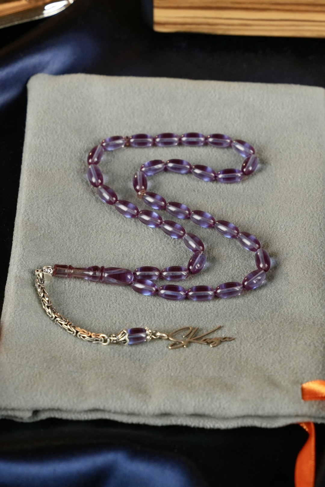 Kişiye Özel Gümüş İmza Tasarım Arpa Kesim Ateş Kehribar Tesbih