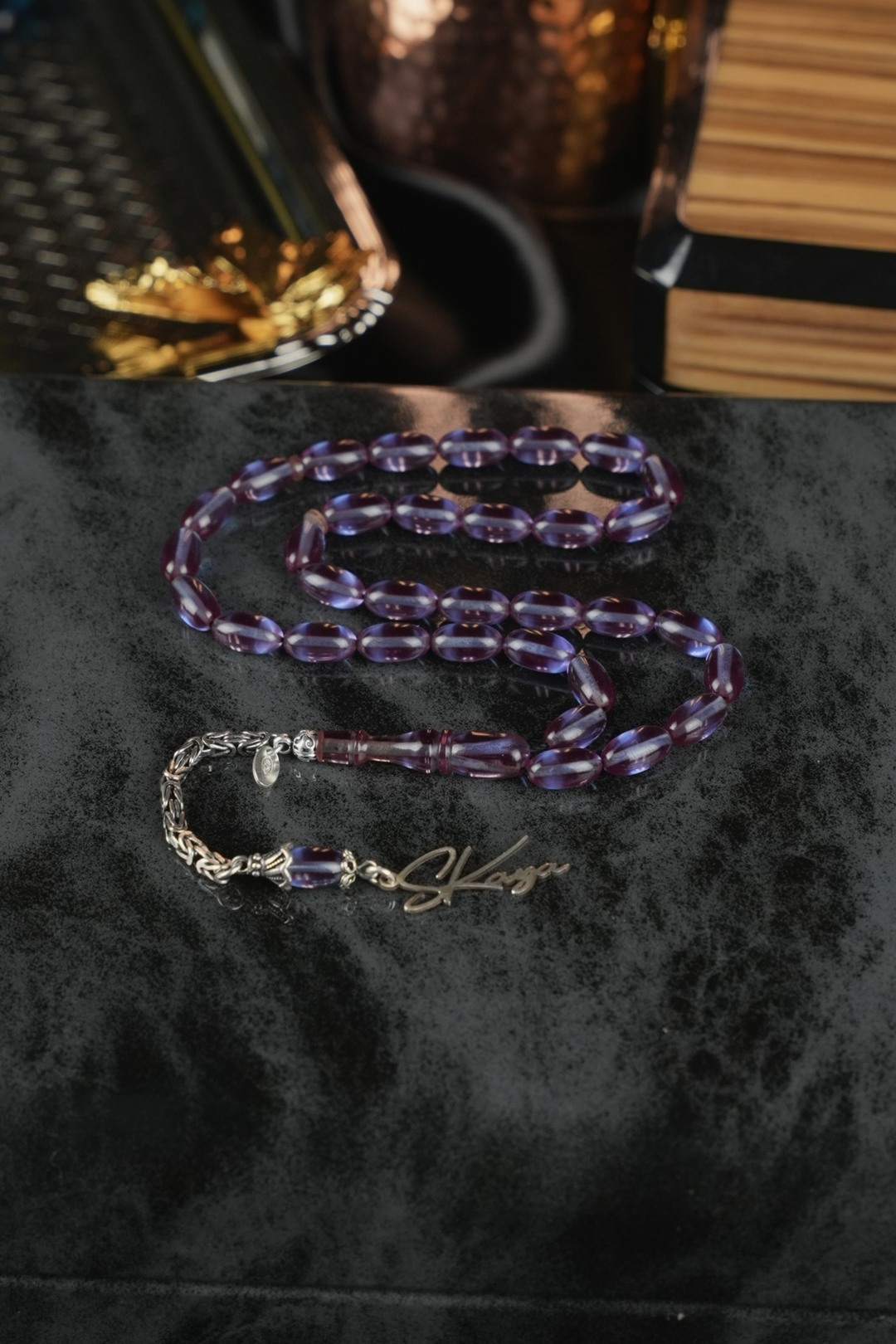 Kişiye Özel Gümüş İmza Tasarım Arpa Kesim Ateş Kehribar Tesbih