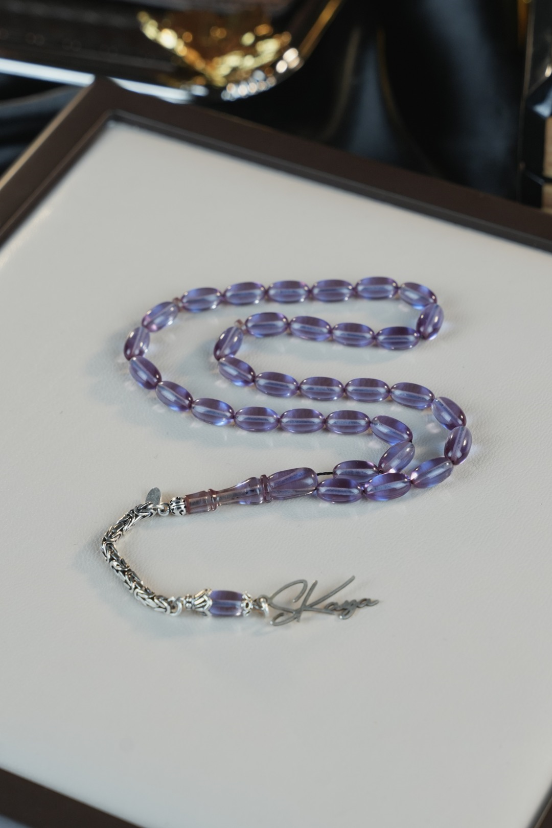 Kişiye Özel Gümüş İmza Tasarım Arpa Kesim Ateş Kehribar Tesbih