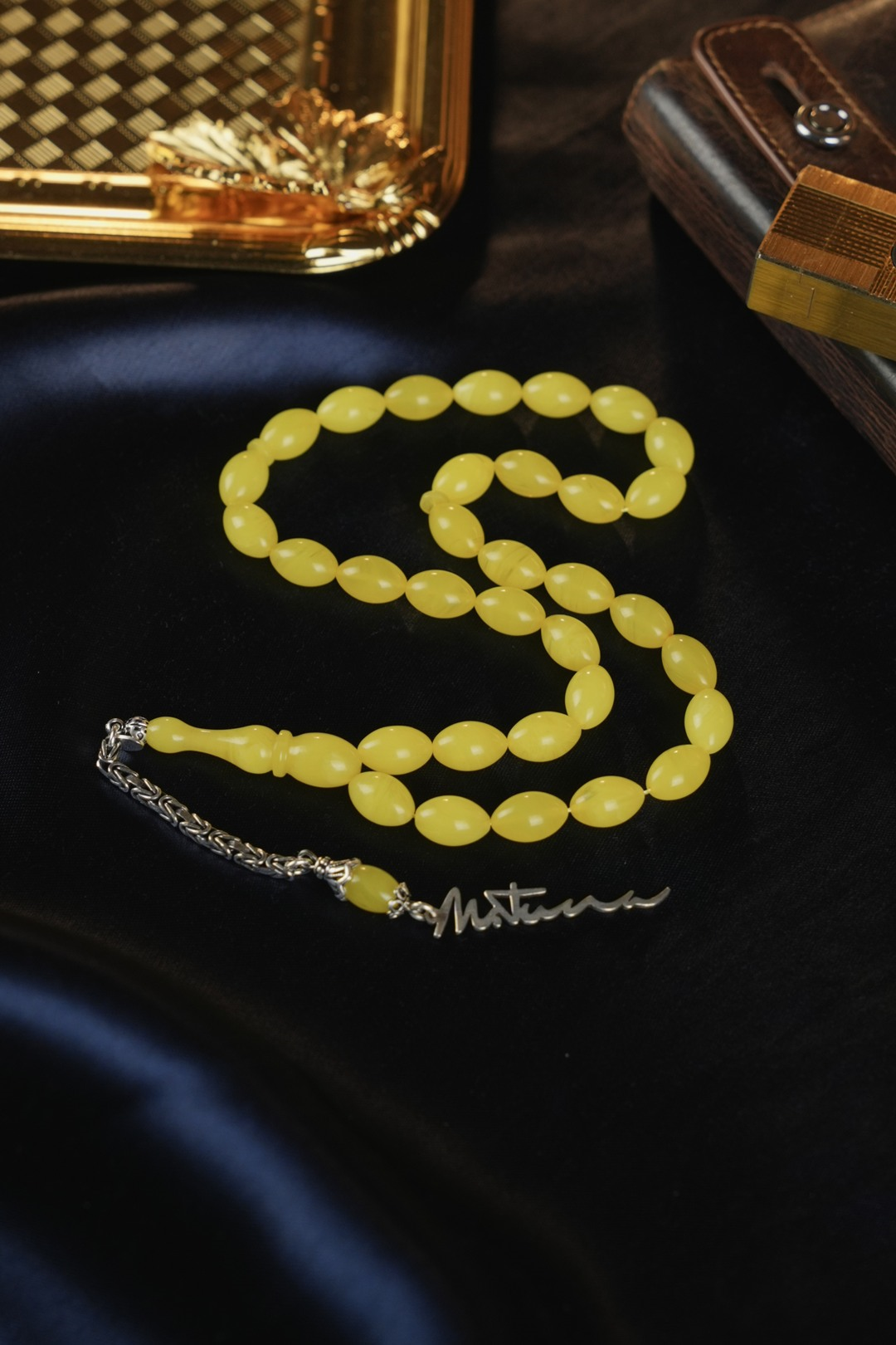 Kişiye Özel Gümüş İmza Tasarım  Beyzi Model Sarı Ateş Kehribar Tesbih