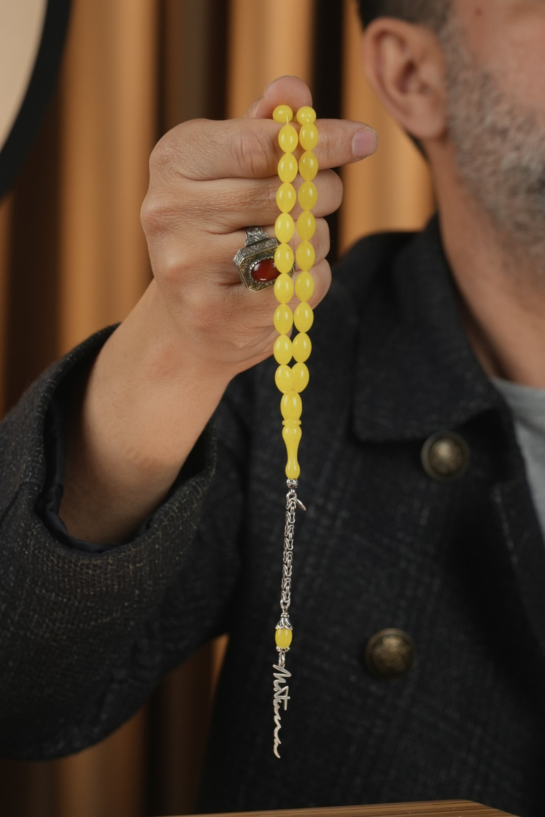 Kişiye Özel Gümüş İmza Tasarım  Beyzi Model Sarı Ateş Kehribar Tesbih