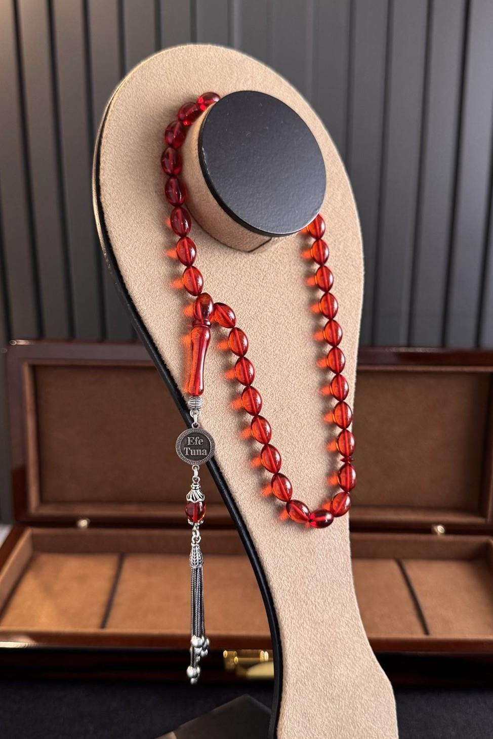 Kişiye Özel Gümüş İsim Tasarım Kırmızı Sıkma Kehribar Tesbih