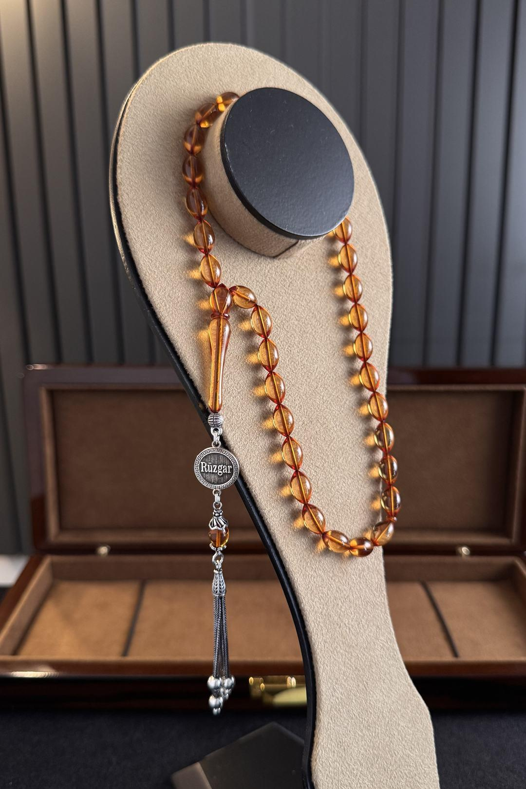 Kişiye Özel Gümüş İsim Tasarım Sarı Sıkma Kehribar Tesbih