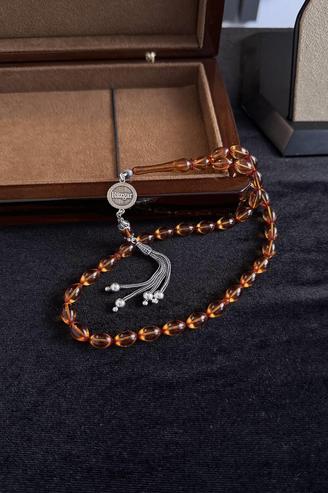 Kişiye Özel Gümüş İsim Tasarım Sarı Sıkma Kehribar Tesbih