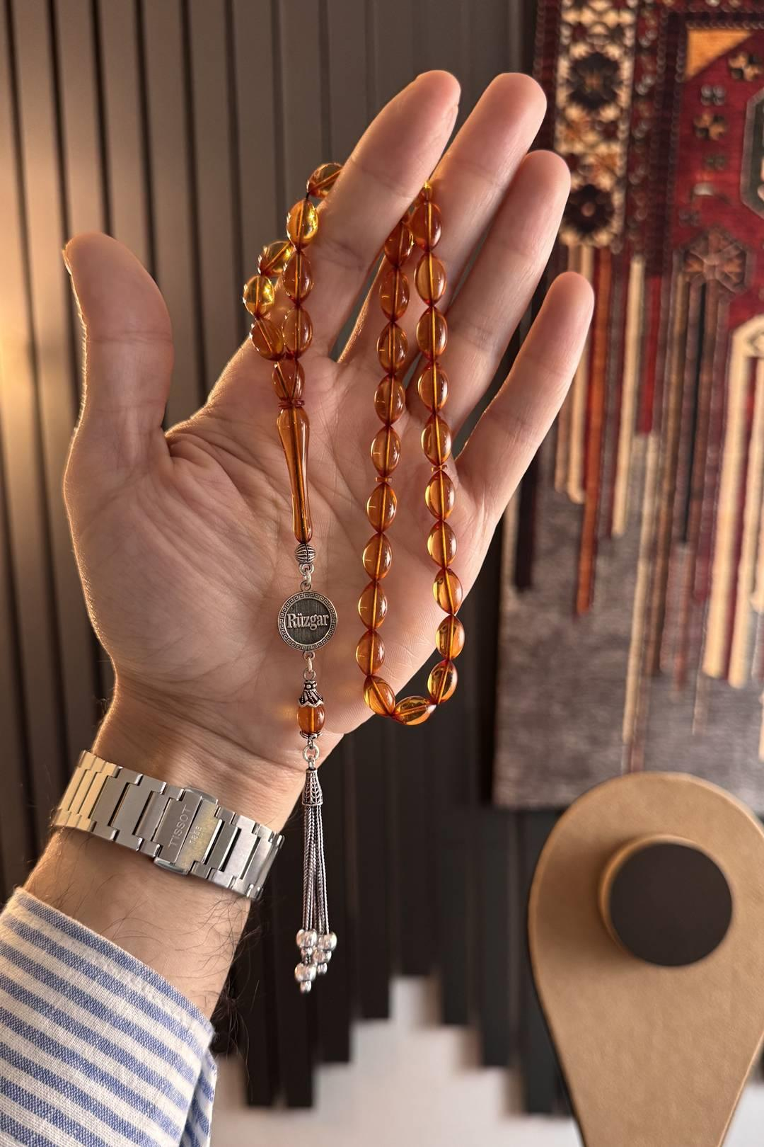 Kişiye Özel Gümüş İsim Tasarım Sarı Sıkma Kehribar Tesbih