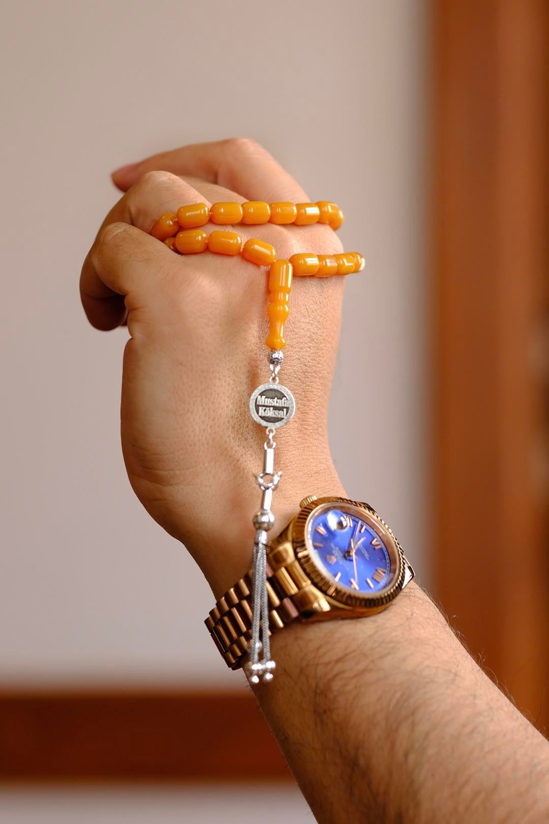 Kişiye Özel Gümüş İsim Tasarımlı Sıkma Kehribar Tesbih