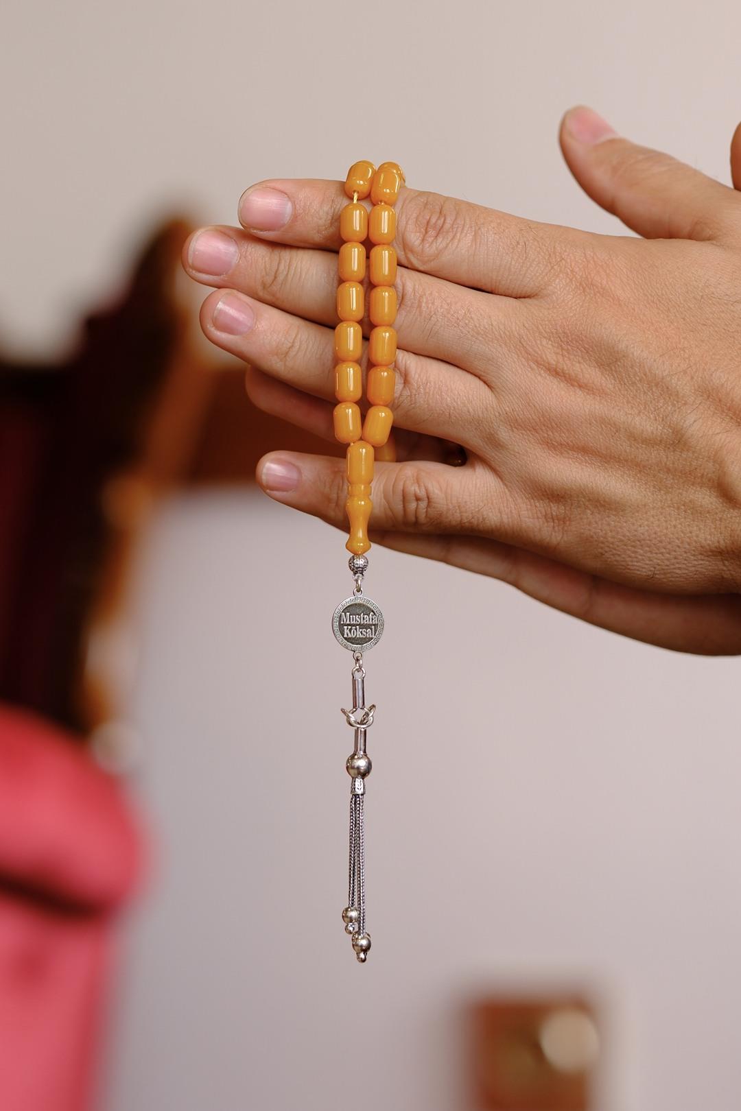 Kişiye Özel Gümüş İsim Tasarımlı Sıkma Kehribar Tesbih