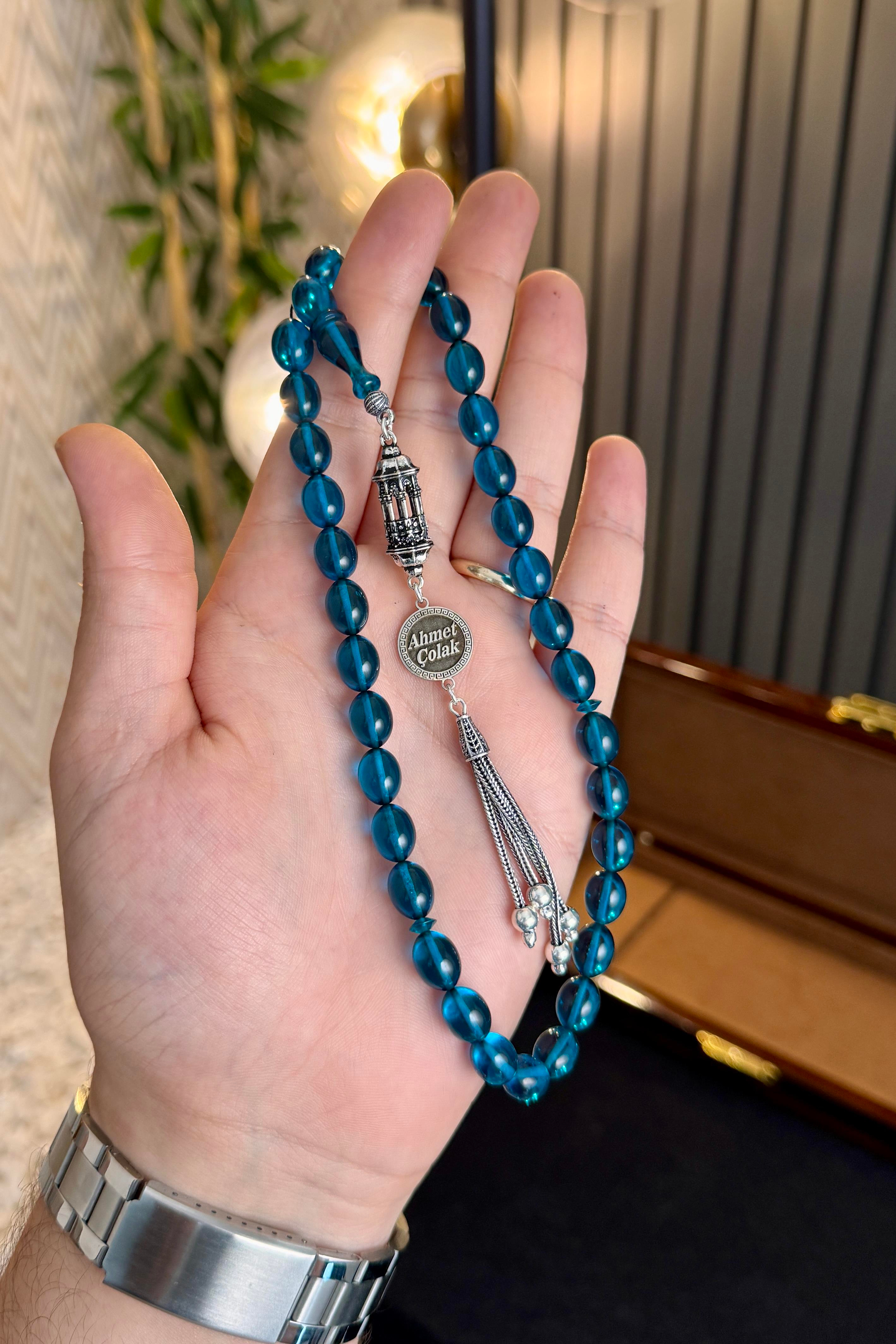 Kişiye Özel Gümüş İsimli Tasarım Hanedan Serisi Ateş Kehribar Tesbih