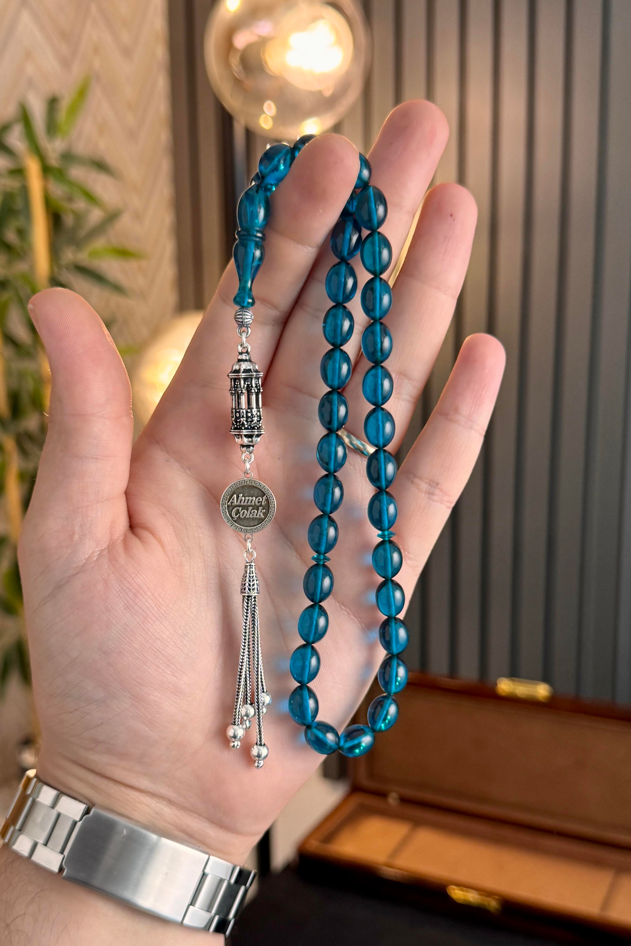 Kişiye Özel Gümüş İsimli Tasarım Hanedan Serisi Ateş Kehribar Tesbih