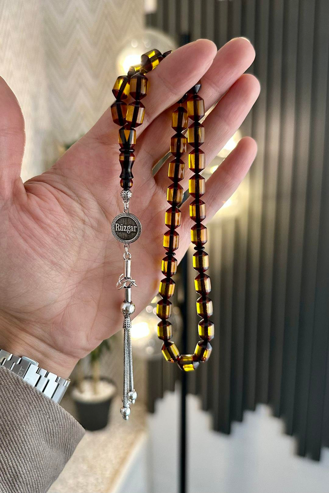 Kişiye Özel Gümüş İsimli Tasarım Şeffaf Su Yeşili Tesbih