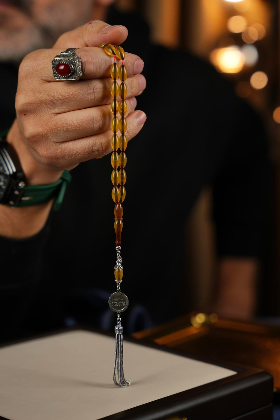 Kişiye Özel Gümüş Tasarım Arpa Kesim Ateş Kehribar Tesbih