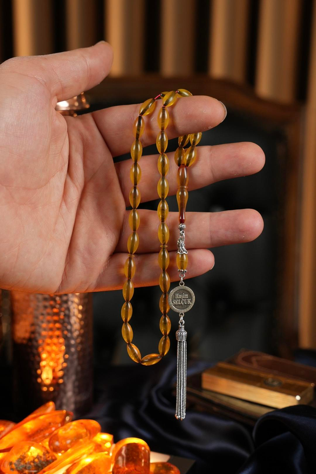 Kişiye Özel Gümüş Tasarım Arpa Kesim Ateş Kehribar Tesbih