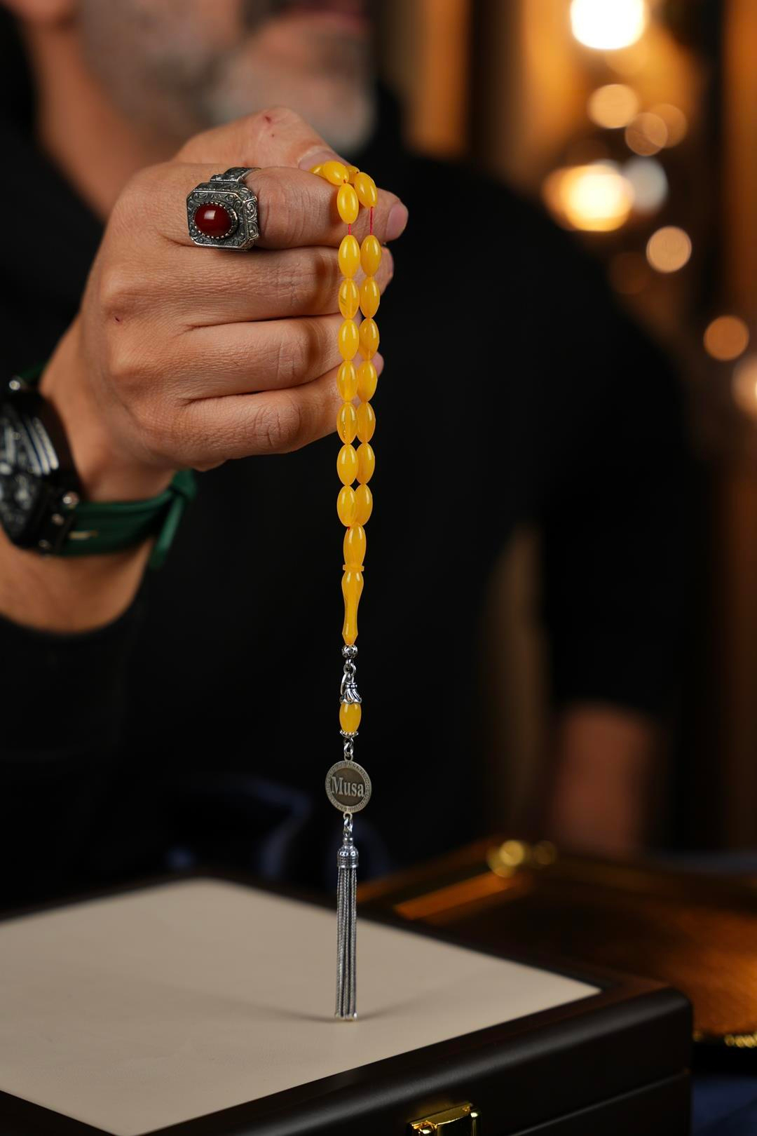 Kişiye Özel Gümüş Tasarım Arpa Kesim Sarı Ateş Kehribar Tesbih