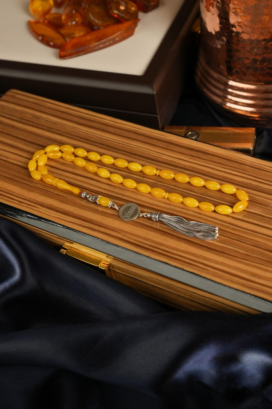 Kişiye Özel Gümüş Tasarım Arpa Kesim Sarı Ateş Kehribar Tesbih