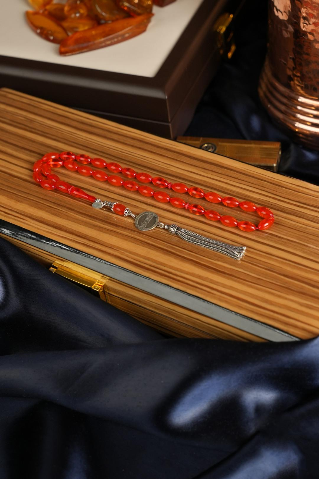 Kişiye Özel Gümüş Tasarım Arpa Kesim Turuncu Ateş Kehribar Tesbih