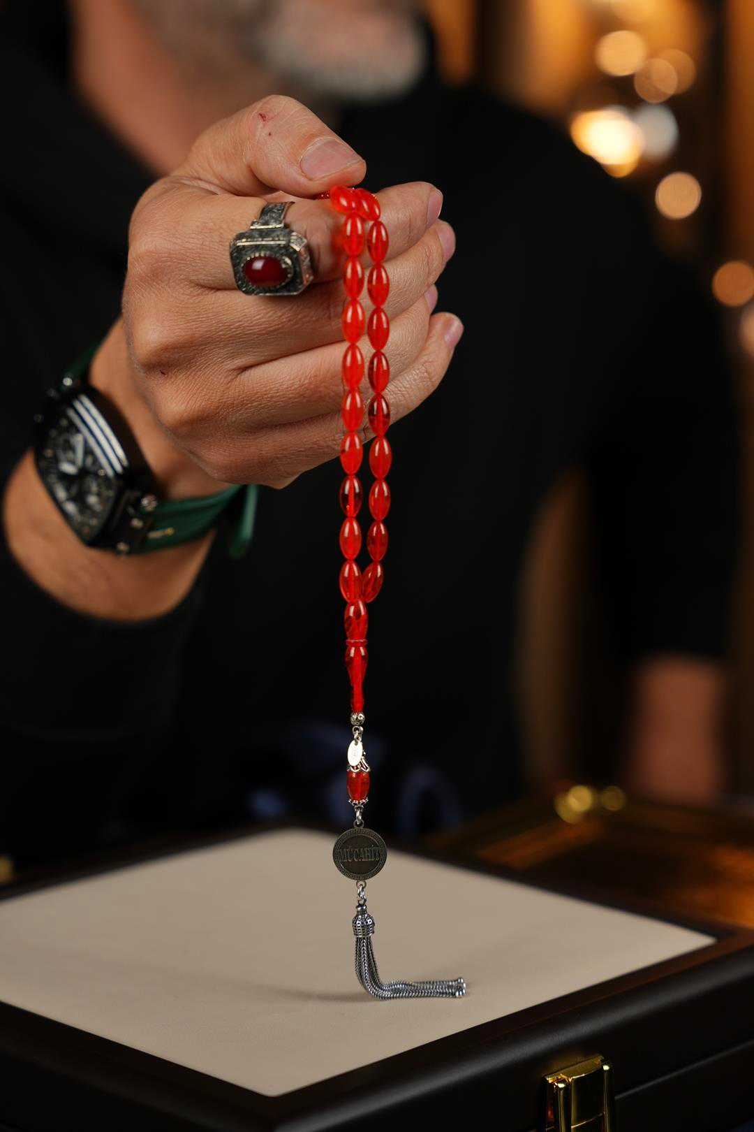 Kişiye Özel Gümüş Tasarım Arpa Kesim Turuncu Ateş Kehribar Tesbih