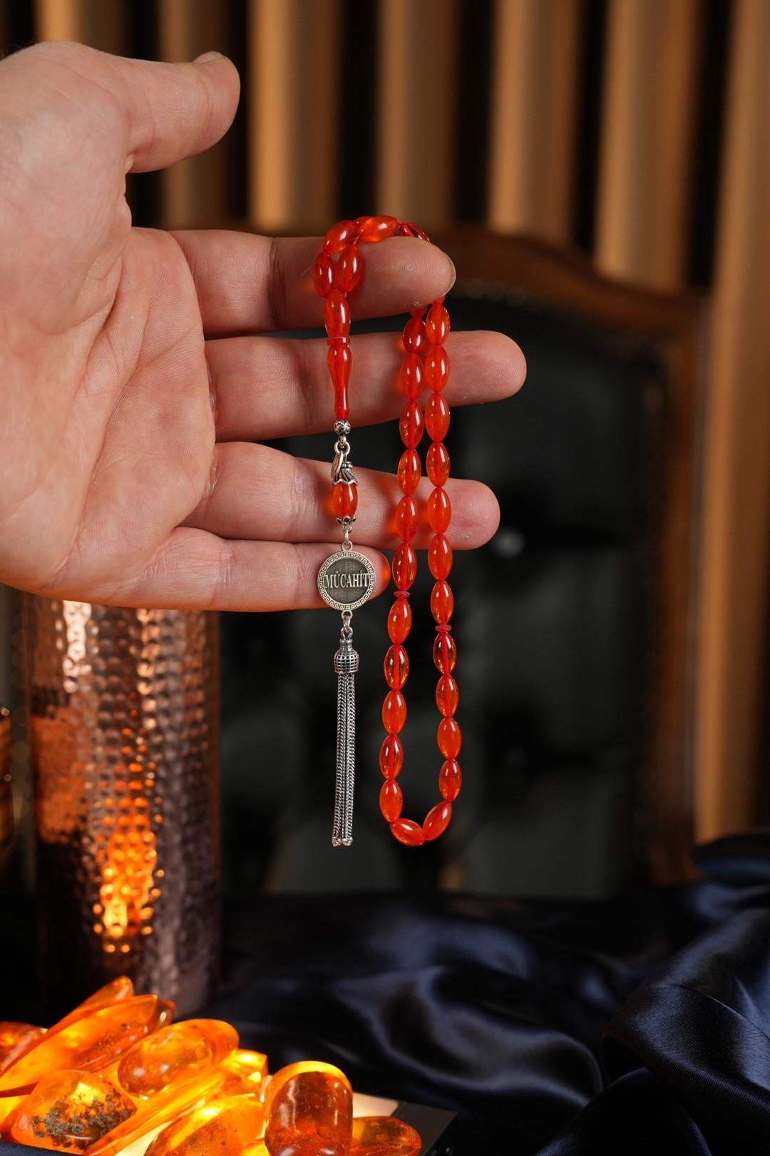 Kişiye Özel Gümüş Tasarım Arpa Kesim Turuncu Ateş Kehribar Tesbih