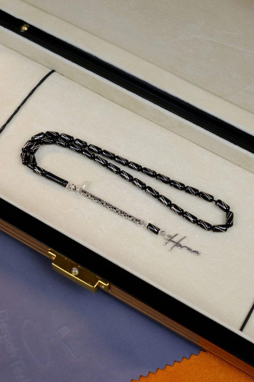 Kişiye Özel İsimli Gümüş İşlemeli Tasarım Erzurum Oltu Taşı Tesbih