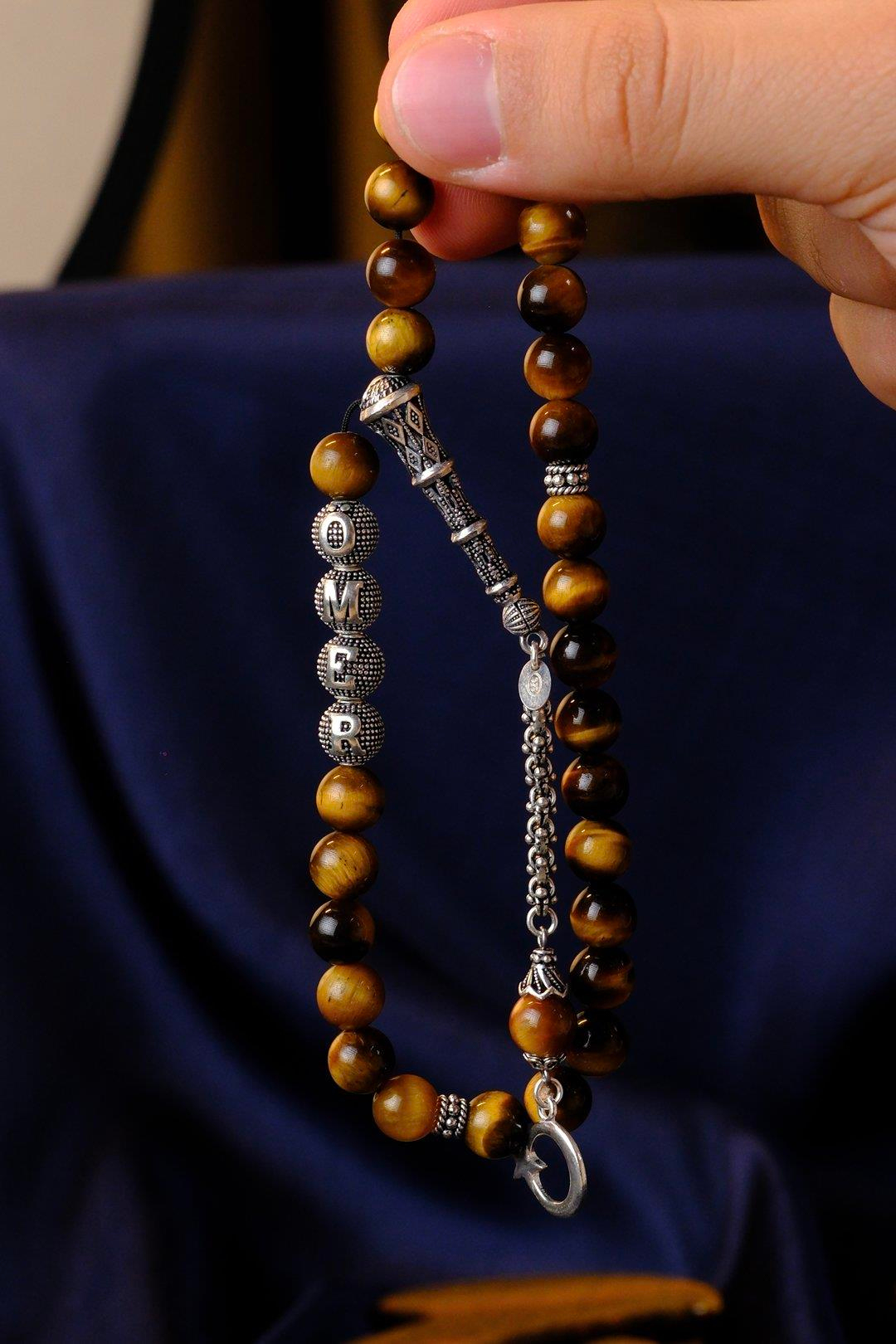 Kişiye Özel İsimli Gümüş Tasarım Kaplan Gözü Tesbih