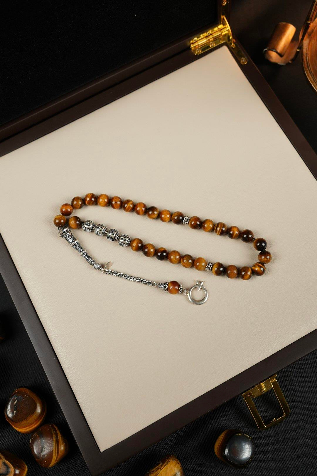 Kişiye Özel İsimli Gümüş Tasarım Kaplan Gözü Tesbih