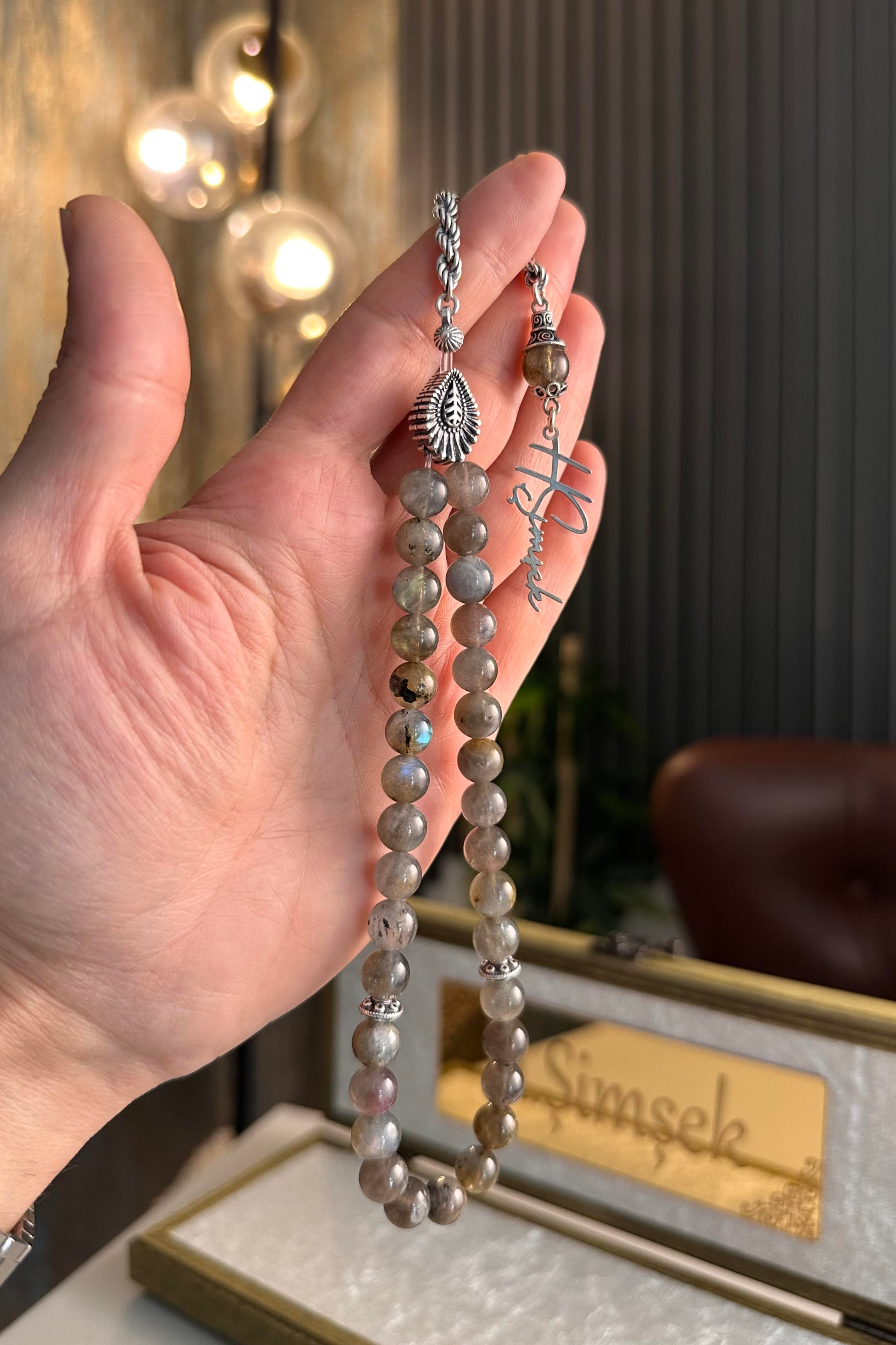 Labradorit Doğal Taş Gümüş Tasarım Tesbih