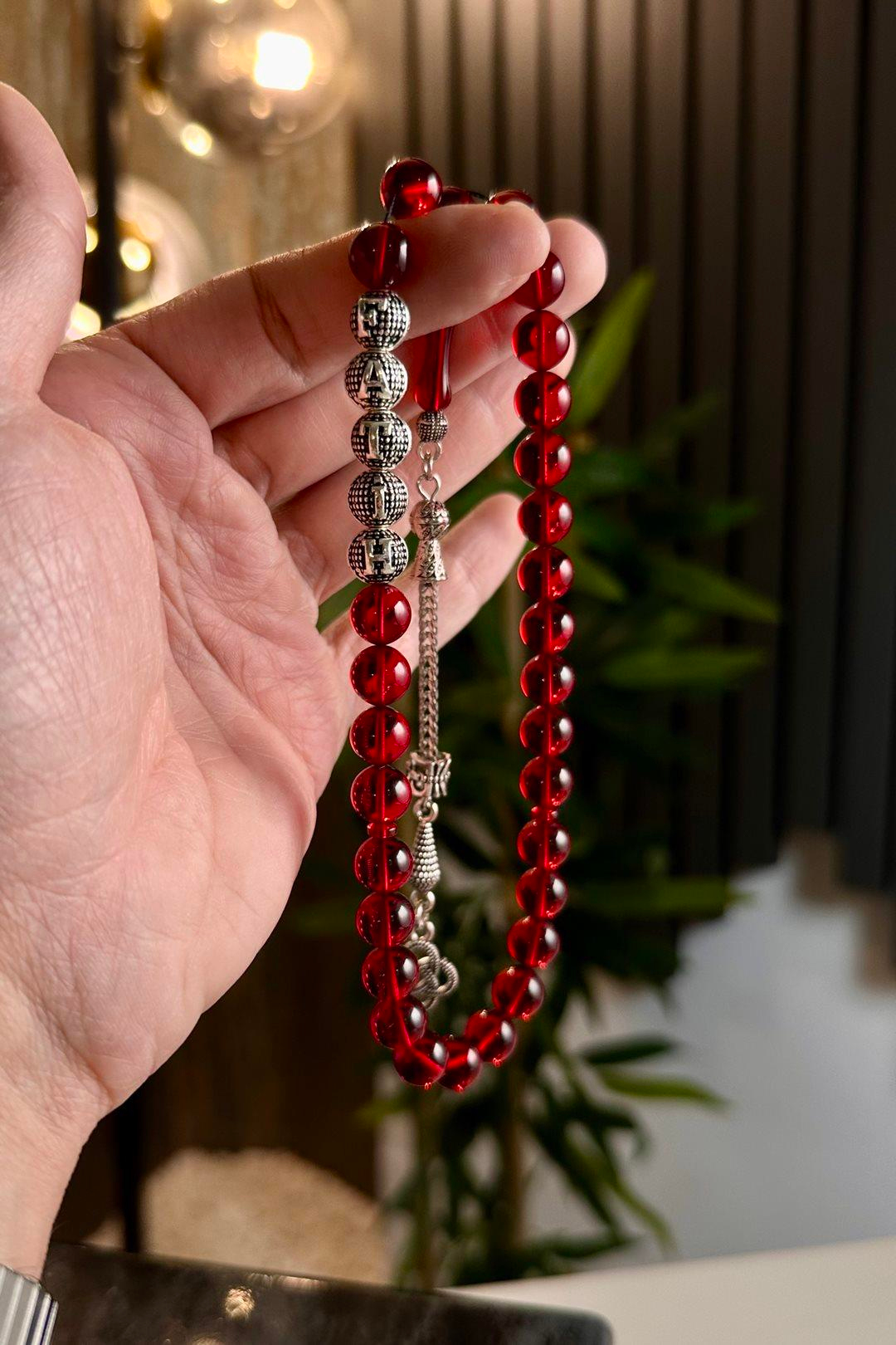 Metal İsim Tasarım Kişiye Özel Kırmızı Alman Sıkma Tesbih