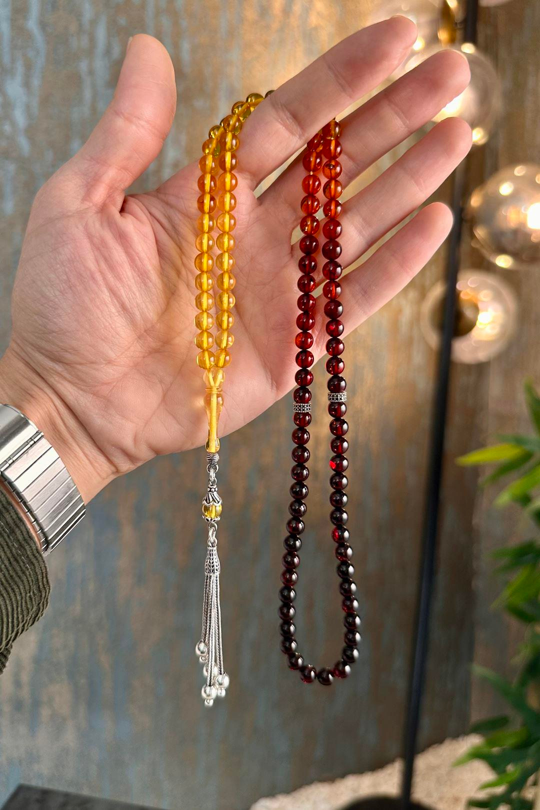 Nadir Renk Süzmesi Özel Tasarım 99`luk Damla Kehribar Namaz Tesbihi Gümüş Püskül(Amber), (مسبحة قطرة كهريبار)