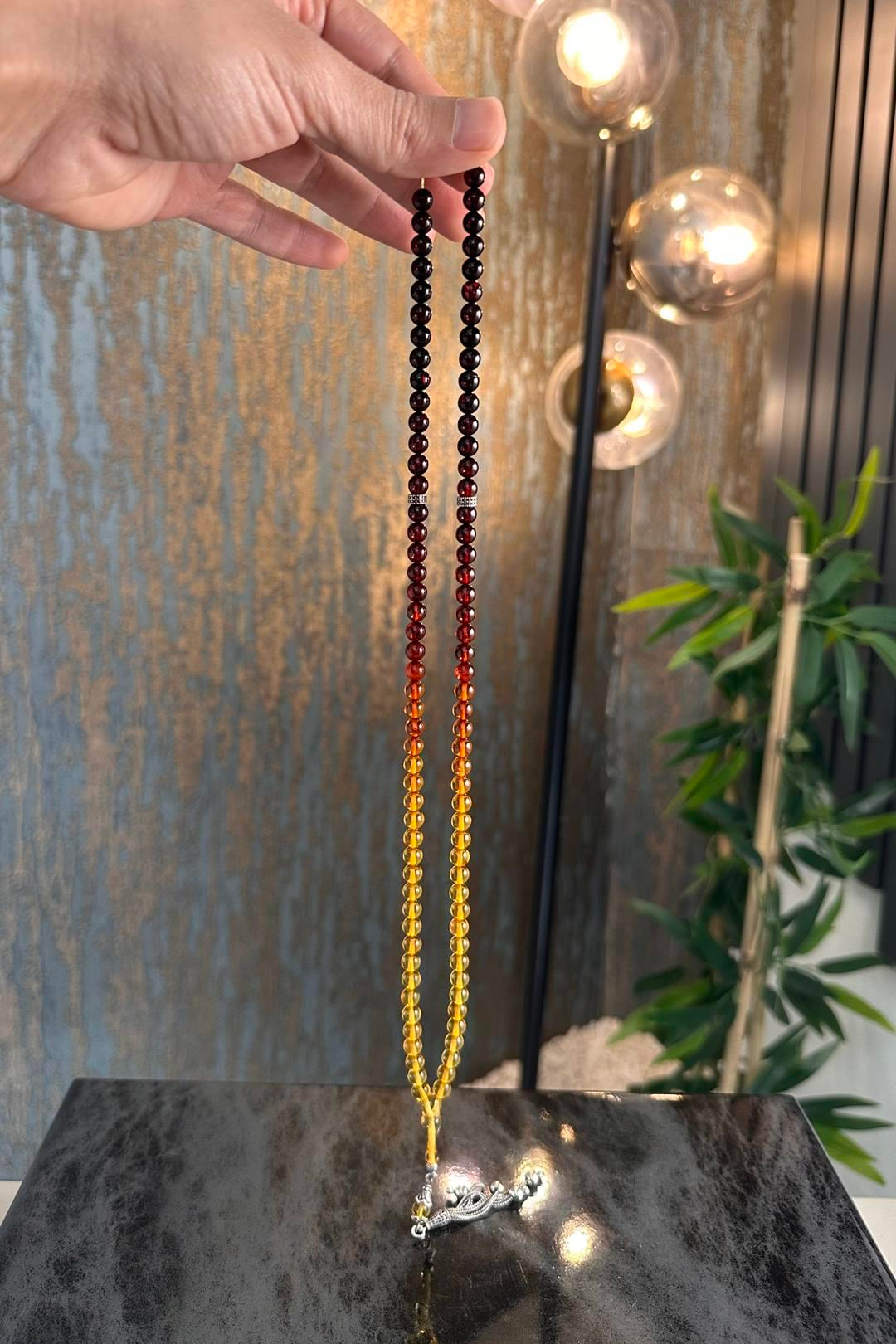 Nadir Renk Süzmesi Özel Tasarım 99`luk Damla Kehribar Namaz Tesbihi Gümüş Püskül(Amber), (مسبحة قطرة كهريبار)