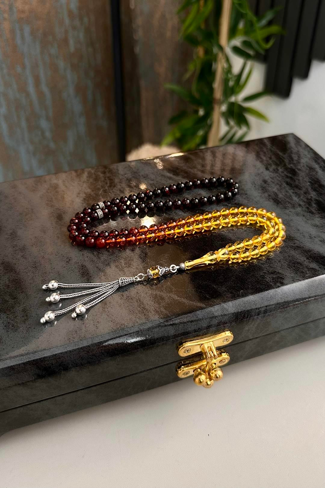 Nadir Renk Süzmesi Özel Tasarım 99`luk Damla Kehribar Namaz Tesbihi Gümüş Püskül(Amber), (مسبحة قطرة كهريبار)