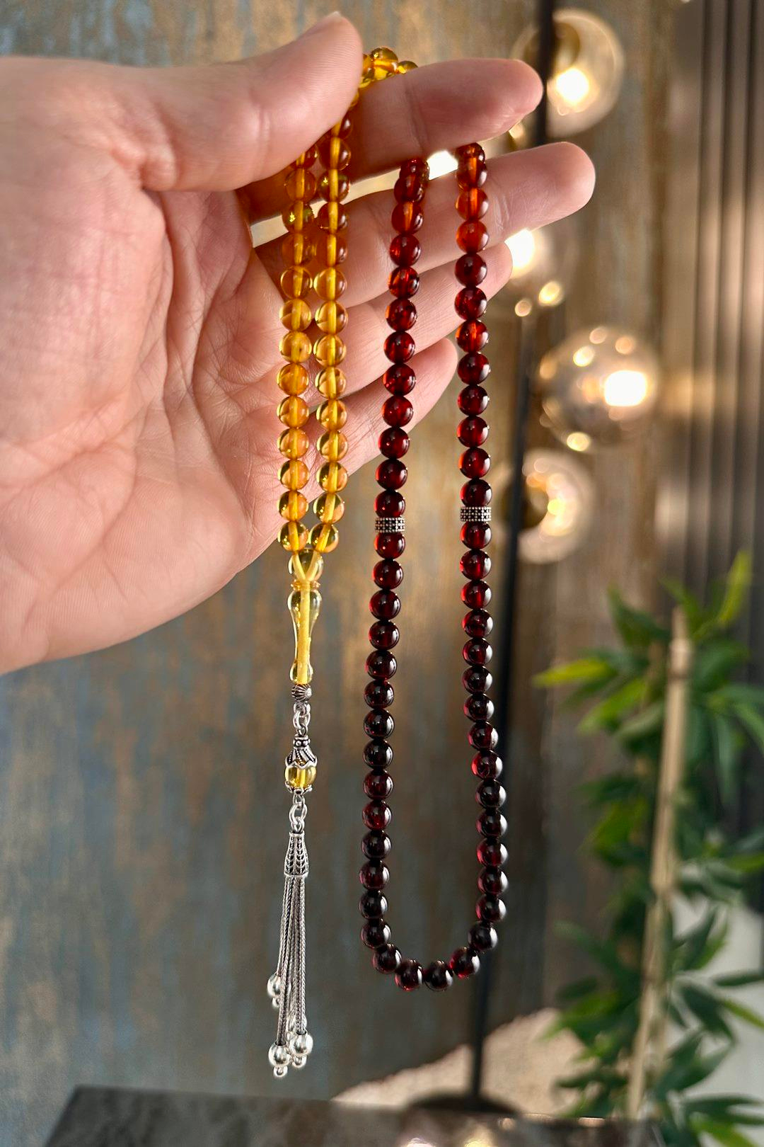 Nadir Renk Süzmesi Özel Tasarım 99`luk Damla Kehribar Namaz Tesbihi Gümüş Püskül(Amber), (مسبحة قطرة كهريبار)