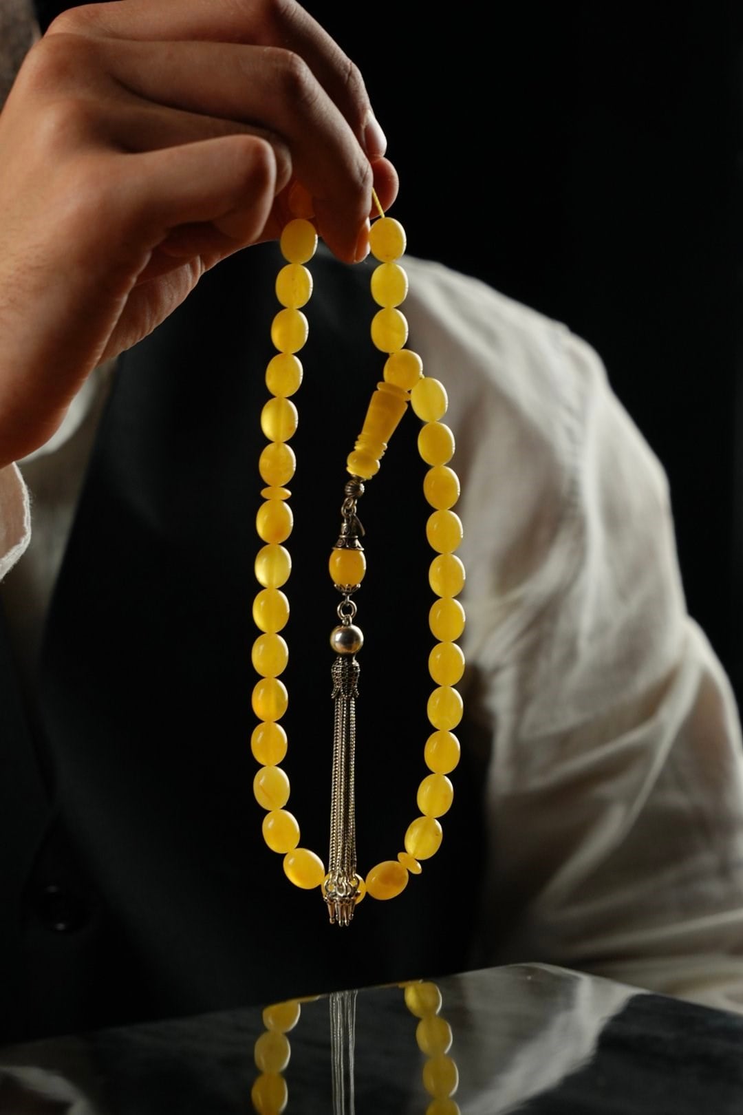 Orjina Damla Kehribar Özel Ağır Gümüş Tasarım Tesbih  (Amber), (مسبحة قطرة كهريبار)