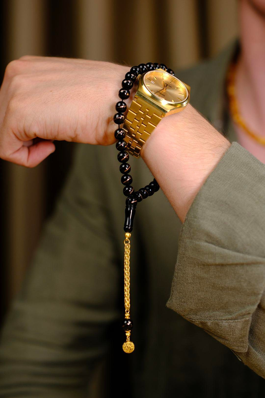 Orjinal Altın Tasarım Bürokrat Bilek Boy Erzurum Oltu Taşı Tesbih