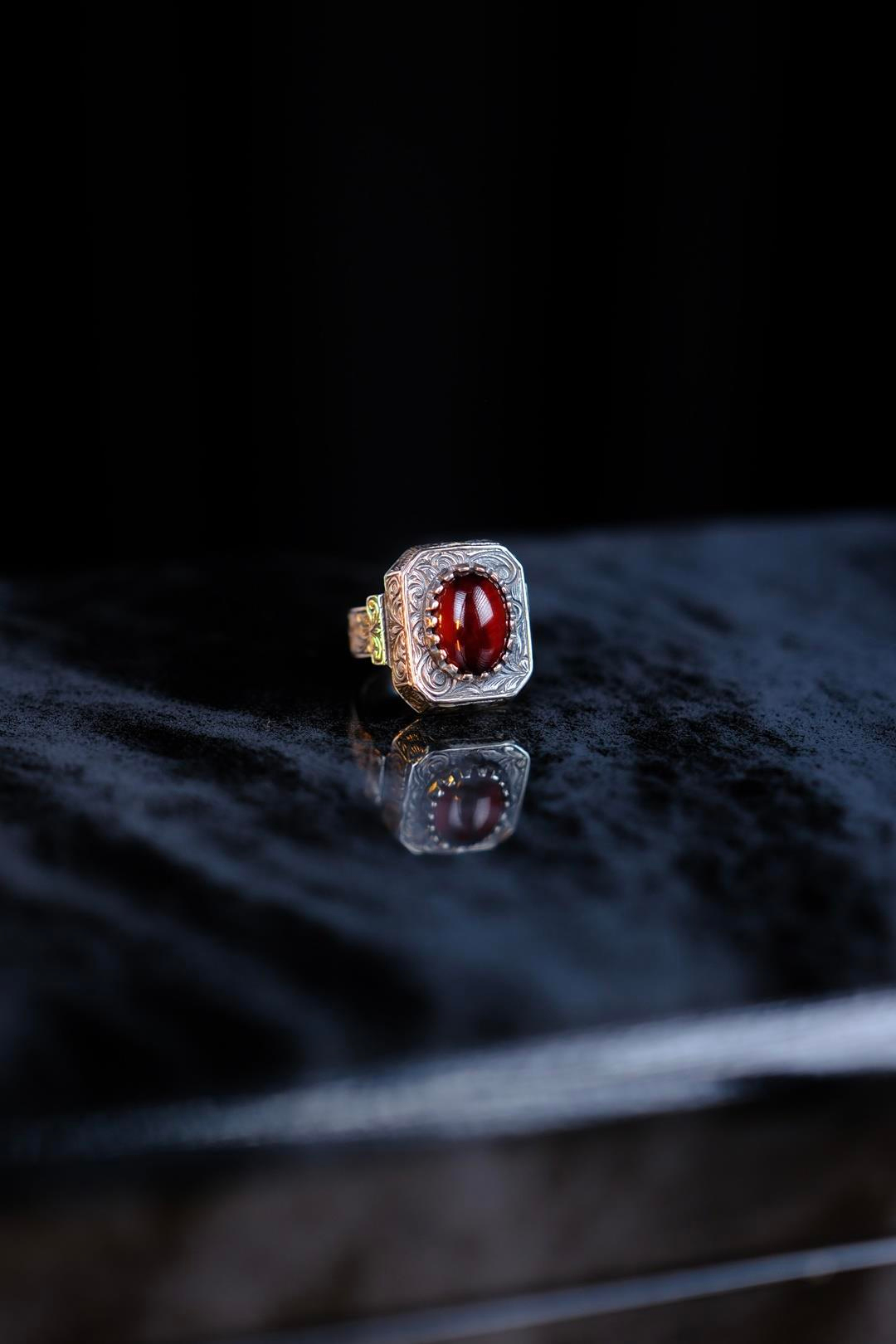 Osmanlı Sıkma Kehribar Koleksiyonluk Gümüş Yüzük Usta El işçiliği (Sefer)