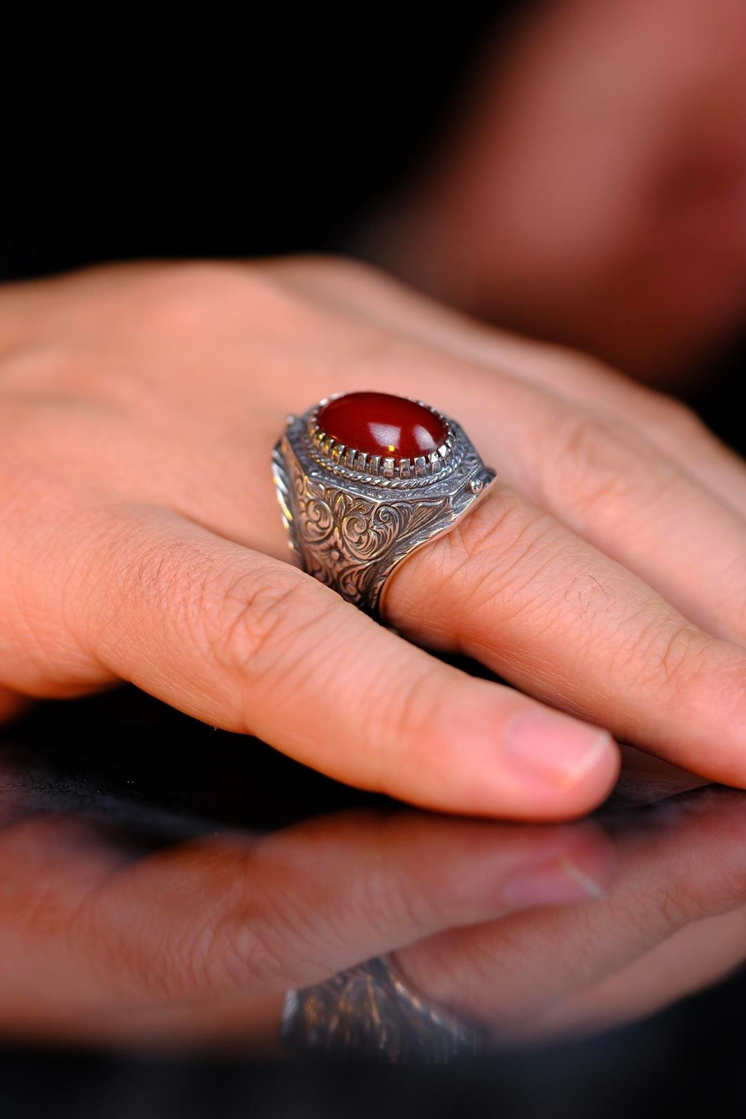 Osmanlı Sıkma Kehribar Koleksiyonluk Gümüş Yüzük Usta El işçiliği (Baybars)