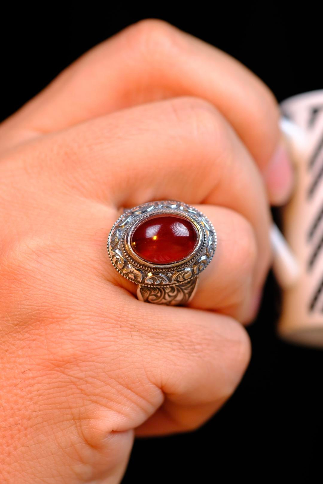 Osmanlı Sıkma Kehribar Koleksiyonluk Gümüş Yüzük Usta El işçiliği (Sadettin)