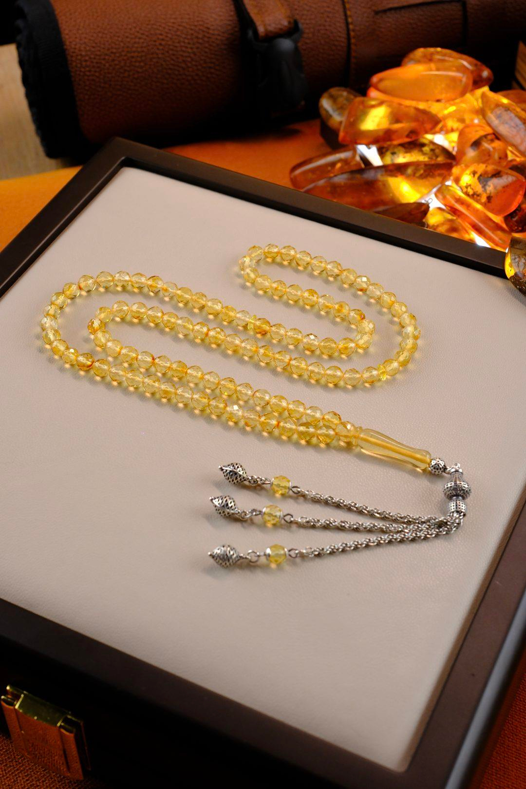 Özel Faseta Kesim 99`luk Damla Kehribar Gümüş Tasarım Namaz Tesbihi (Amber), (مسبحة قطرة كهريبار)