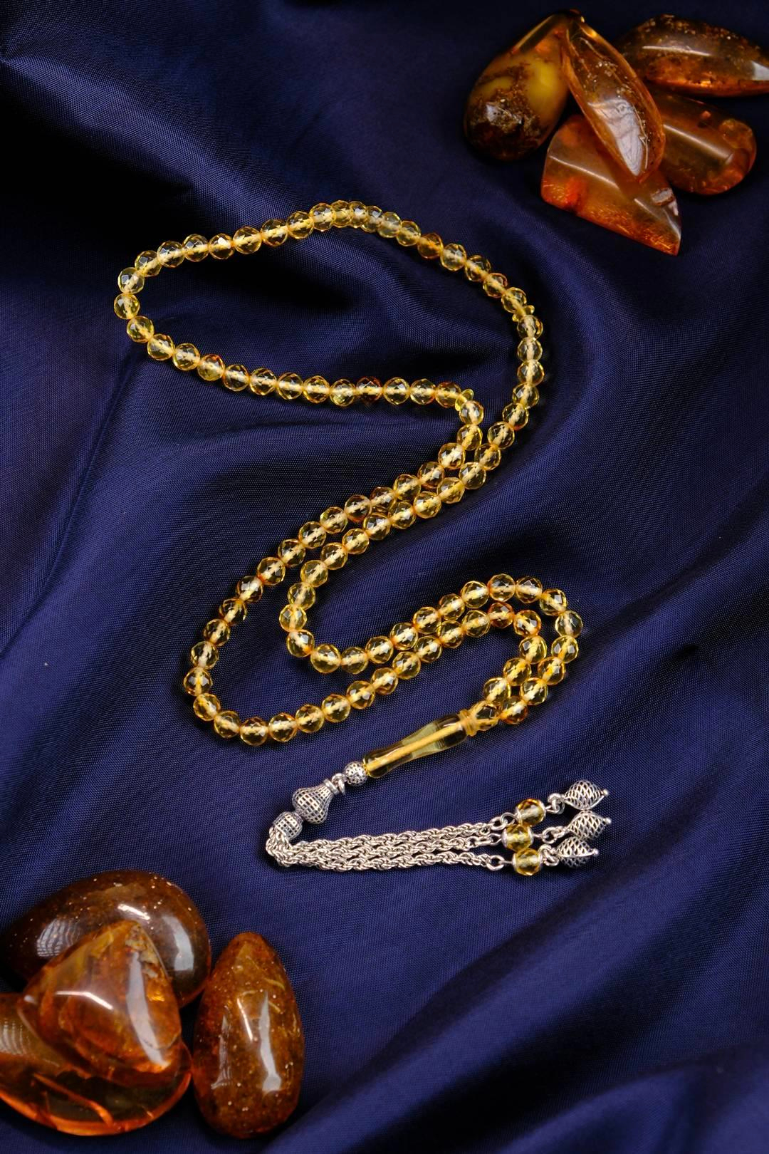 Özel Faseta Kesim 99`luk Damla Kehribar Gümüş Tasarım Namaz Tesbihi (Amber), (مسبحة قطرة كهريبار)