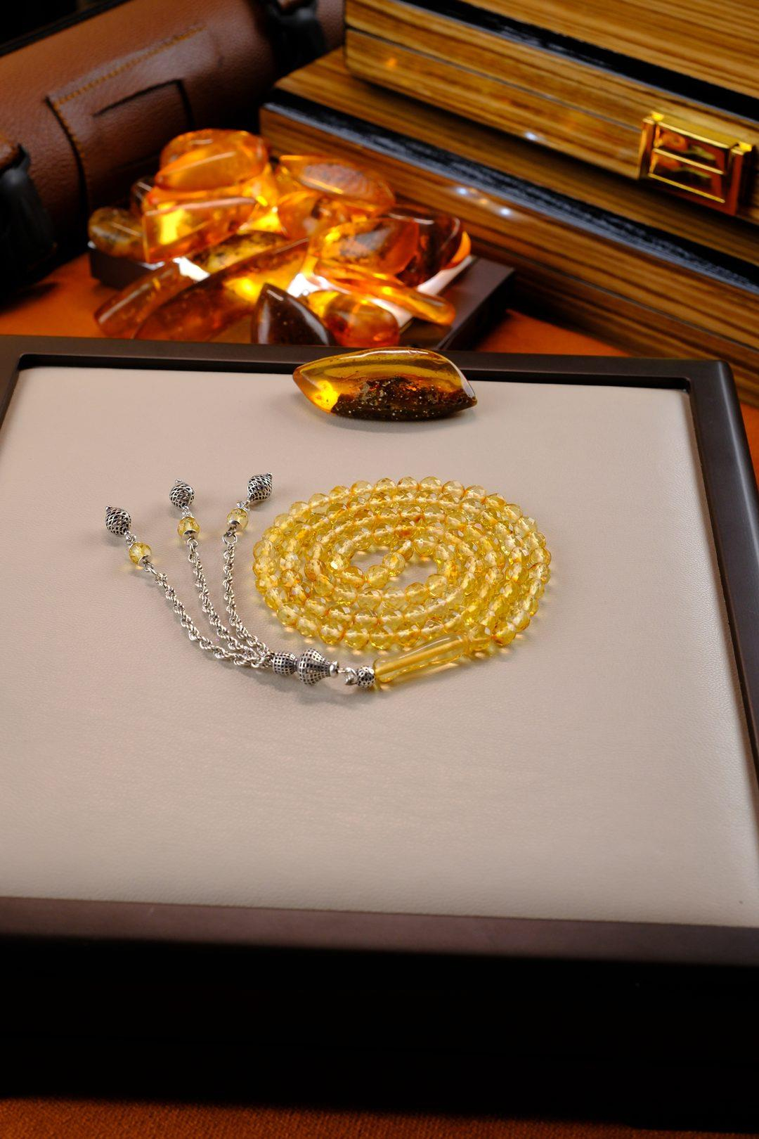 Özel Faseta Kesim 99`luk Damla Kehribar Gümüş Tasarım Namaz Tesbihi (Amber), (مسبحة قطرة كهريبار)