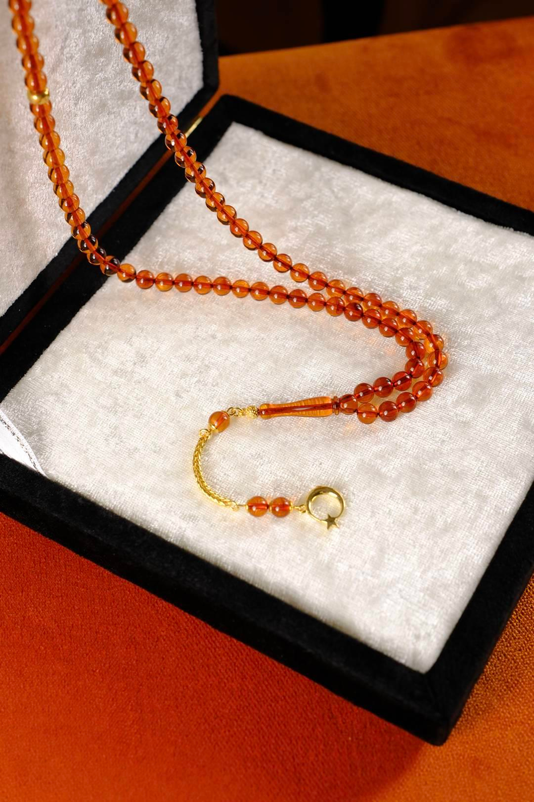 Özel Gümüş Ayyıldız Tasarım 99`luk Damla Kehribar Namaz Tesbihi (Amber), (مسبحة قطرة كهريبار)