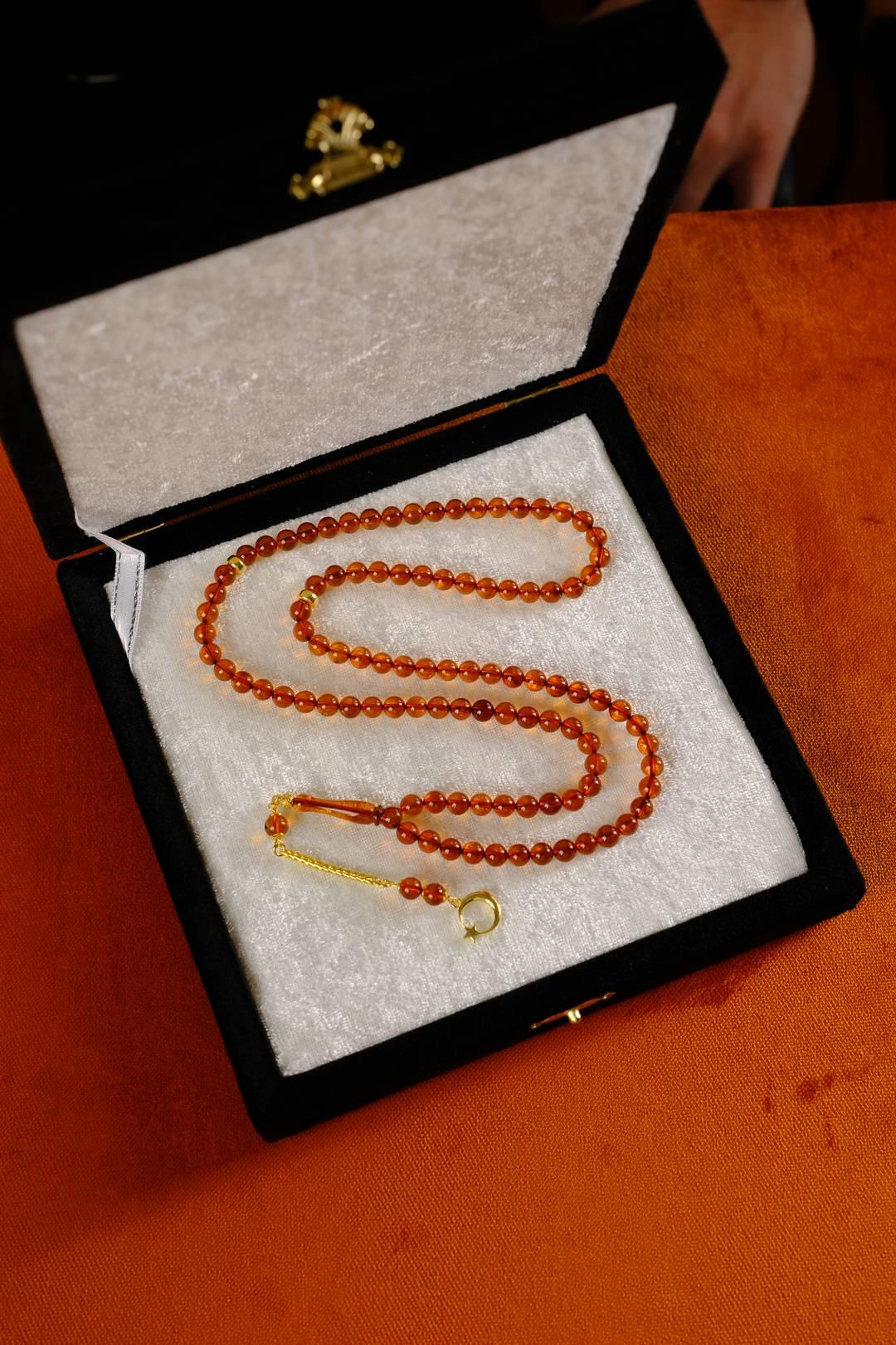 Özel Gümüş Ayyıldız Tasarım 99`luk Damla Kehribar Namaz Tesbihi (Amber), (مسبحة قطرة كهريبار)