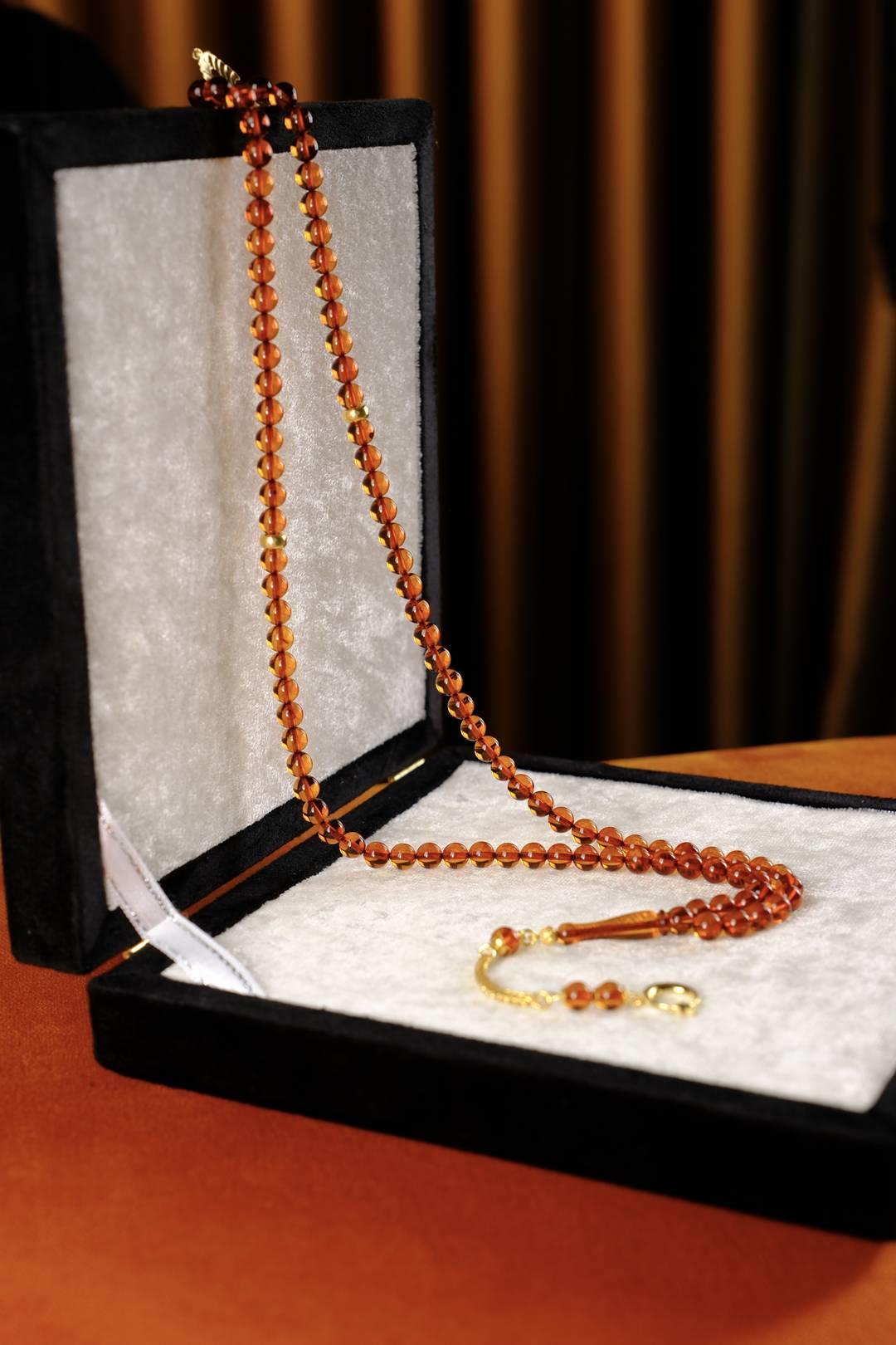 Özel Gümüş Ayyıldız Tasarım 99`luk Damla Kehribar Namaz Tesbihi (Amber), (مسبحة قطرة كهريبار)