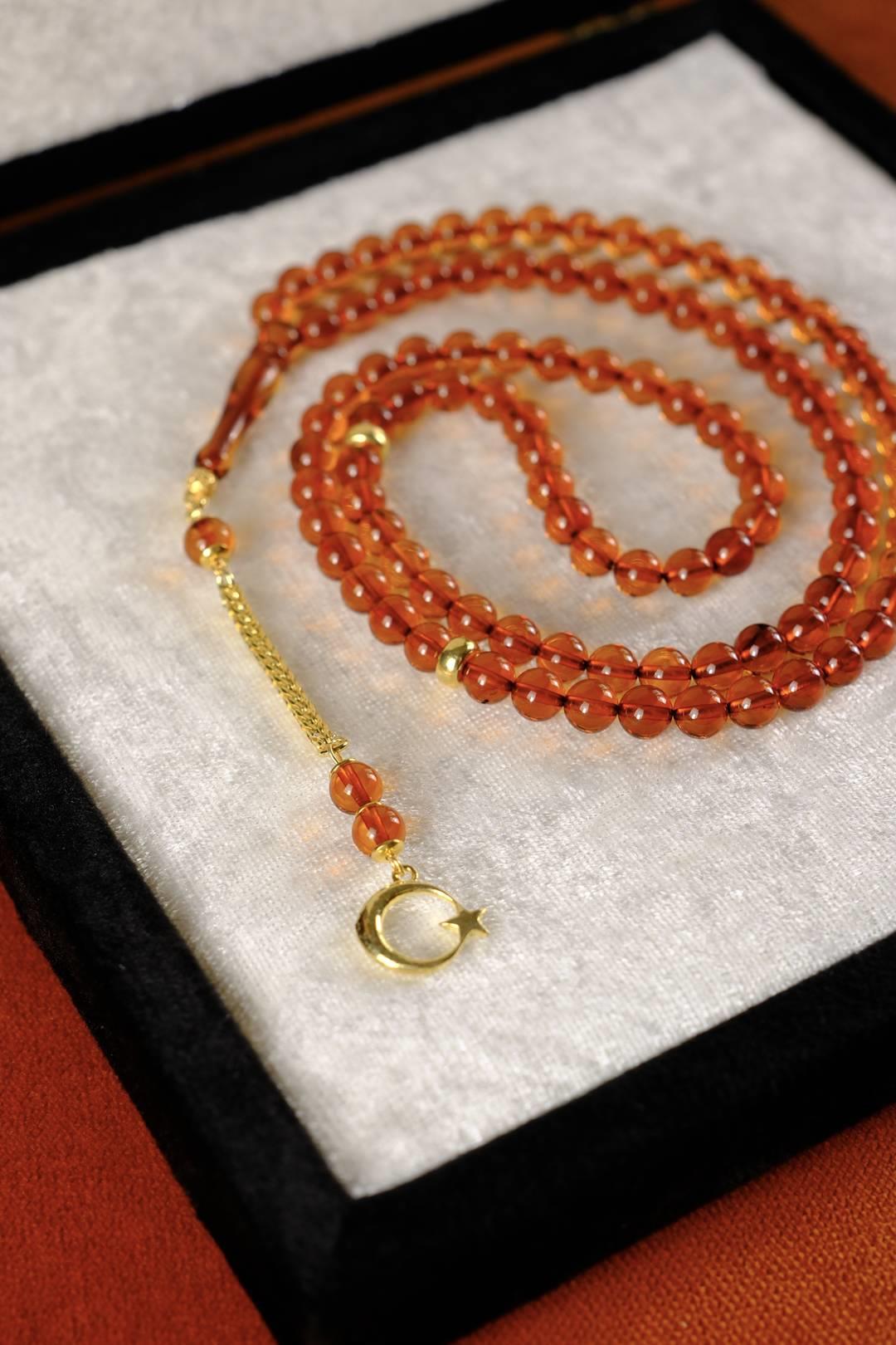 Özel Gümüş Ayyıldız Tasarım 99`luk Damla Kehribar Namaz Tesbihi (Amber), (مسبحة قطرة كهريبار)