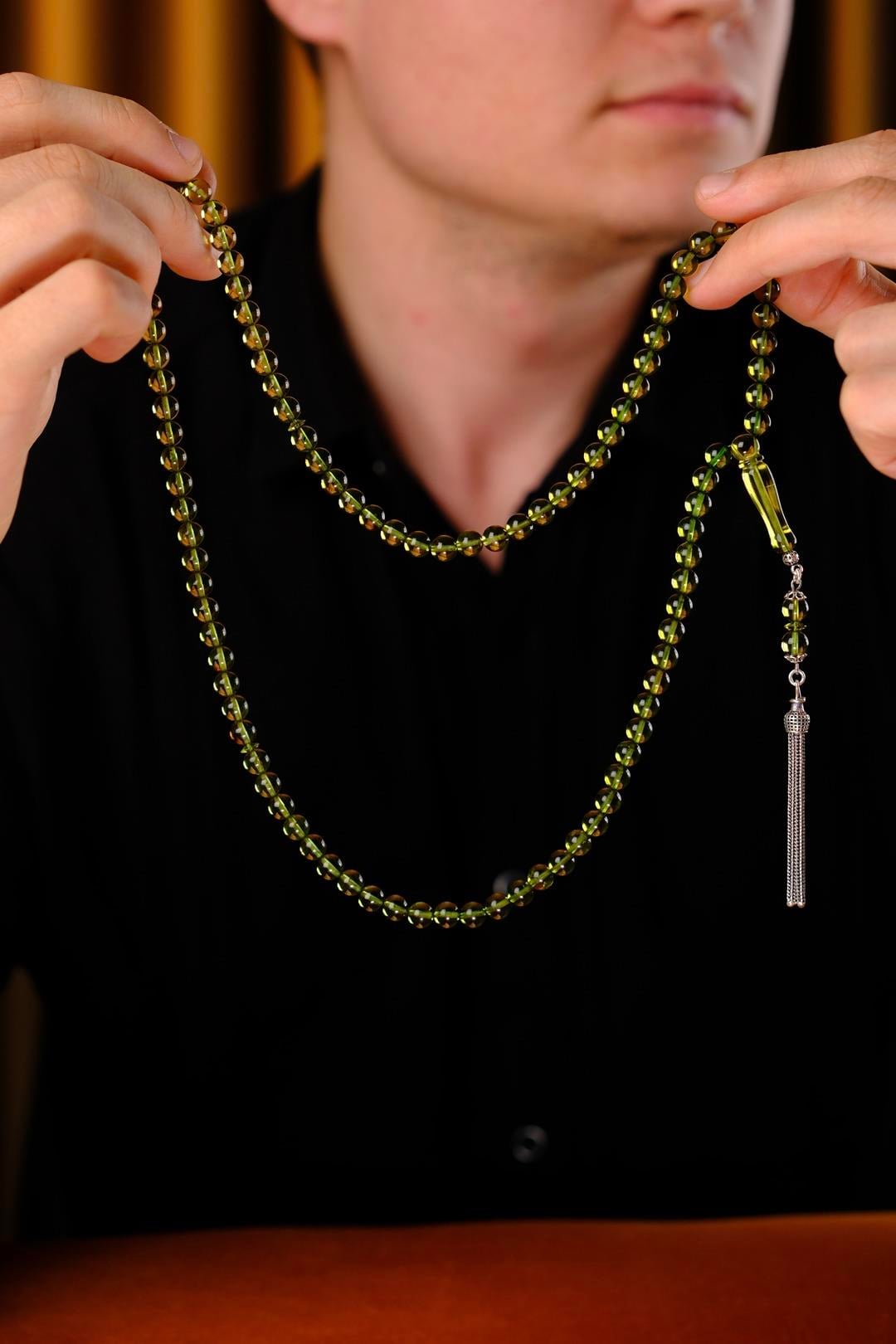 Özel Gümüş Tasarım 99`luk Damla Kehribar Namaz Tesbihi (Amber), (مسبحة قطرة كهريبار)