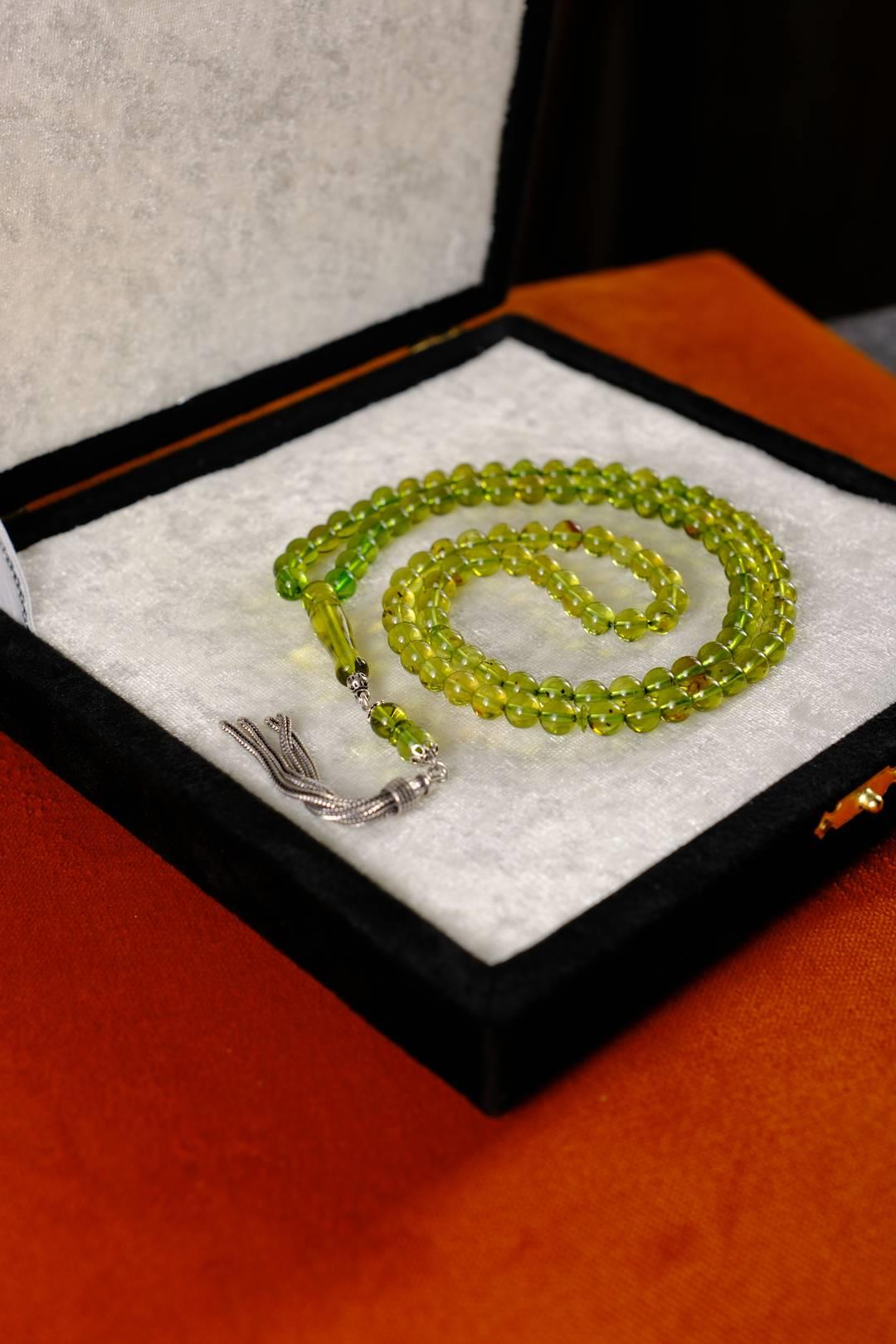 Özel Gümüş Tasarım 99`luk Damla Kehribar Namaz Tesbihi (Amber), (مسبحة قطرة كهريبار)