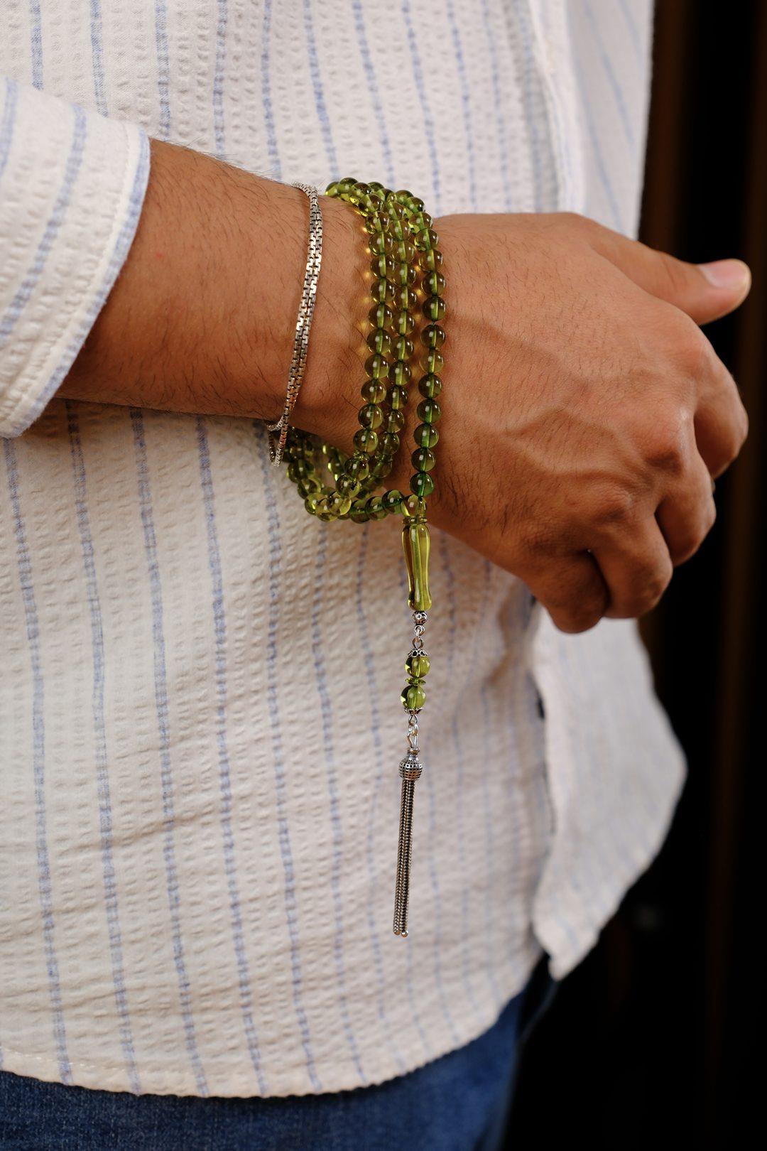 Özel Gümüş Tasarım 99`luk Damla Kehribar Namaz Tesbihi (Amber), (مسبحة قطرة كهريبار)