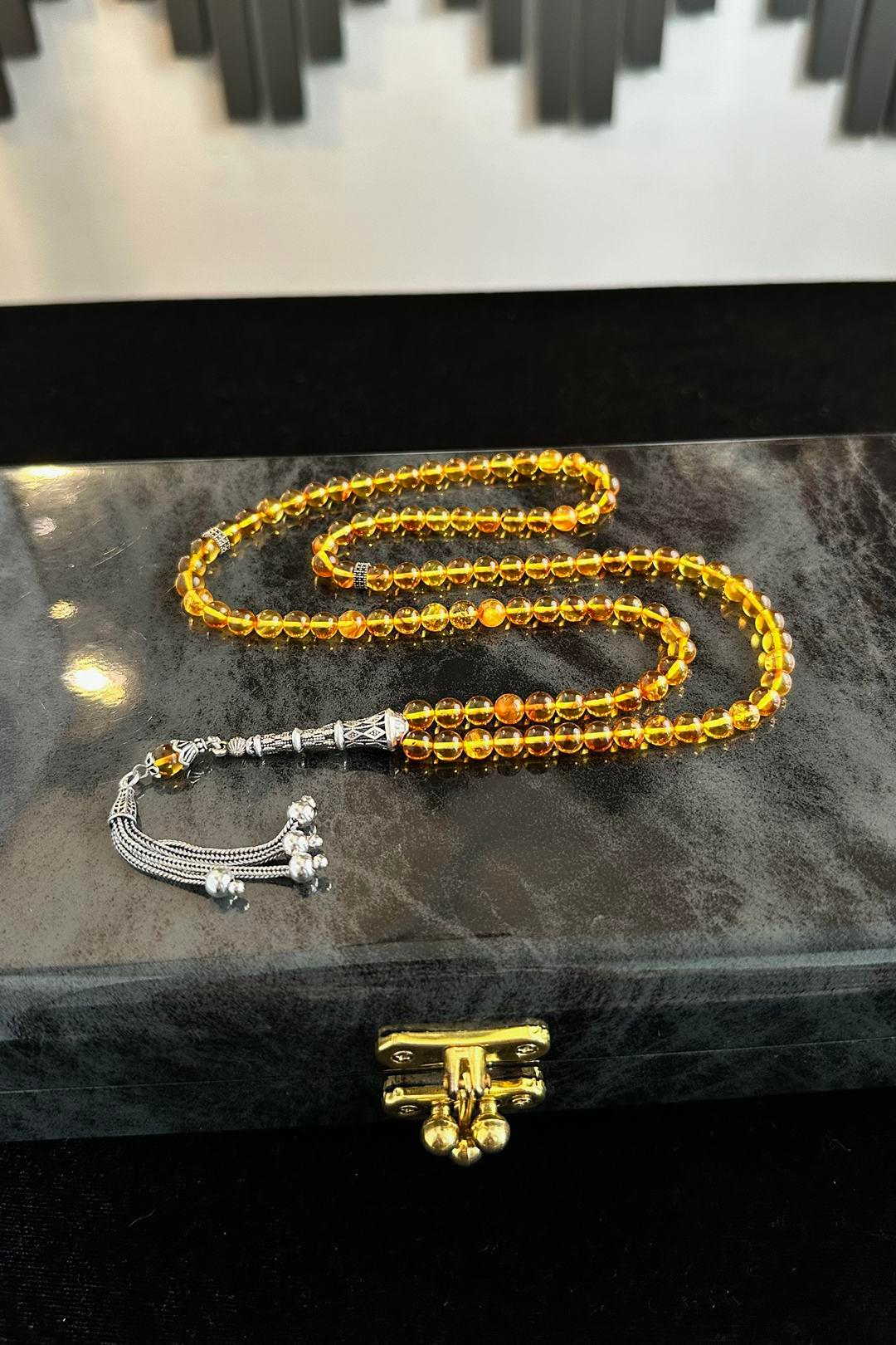 Özel Tasarım 99`luk Damla Kehribar Namaz Tesbihi Gümüş Püskül(Amber), (مسبحة قطرة كهريبار)