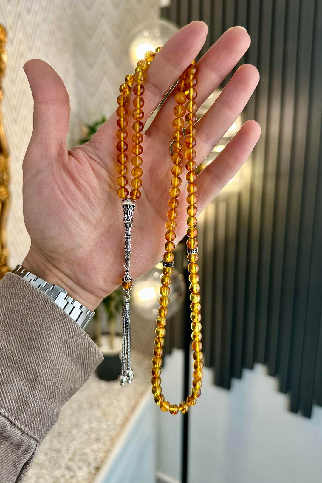 Özel Tasarım 99`luk Damla Kehribar Namaz Tesbihi Gümüş Püskül(Amber), (مسبحة قطرة كهريبار)