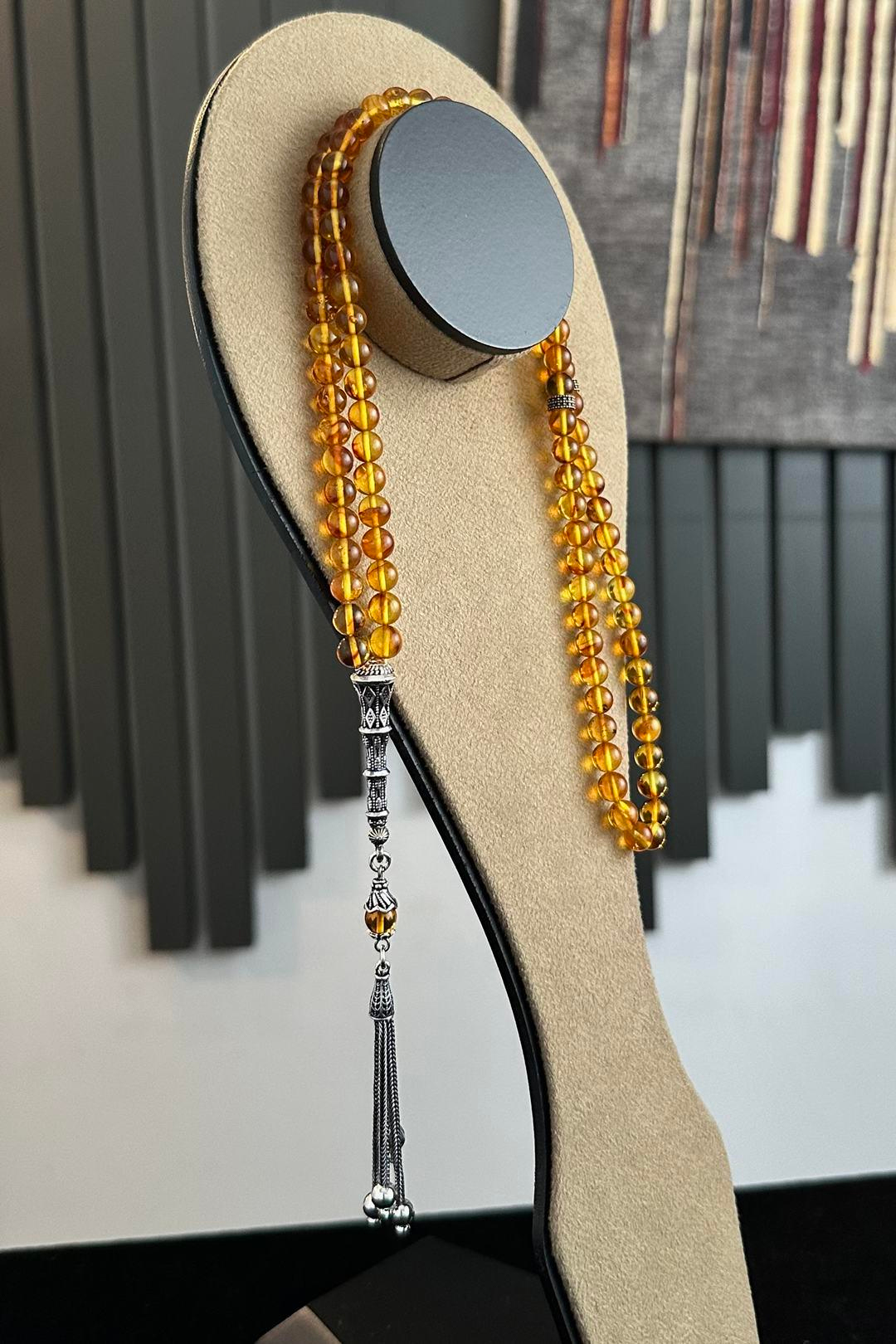 Özel Tasarım 99`luk Damla Kehribar Namaz Tesbihi Gümüş Püskül(Amber), (مسبحة قطرة كهريبار)