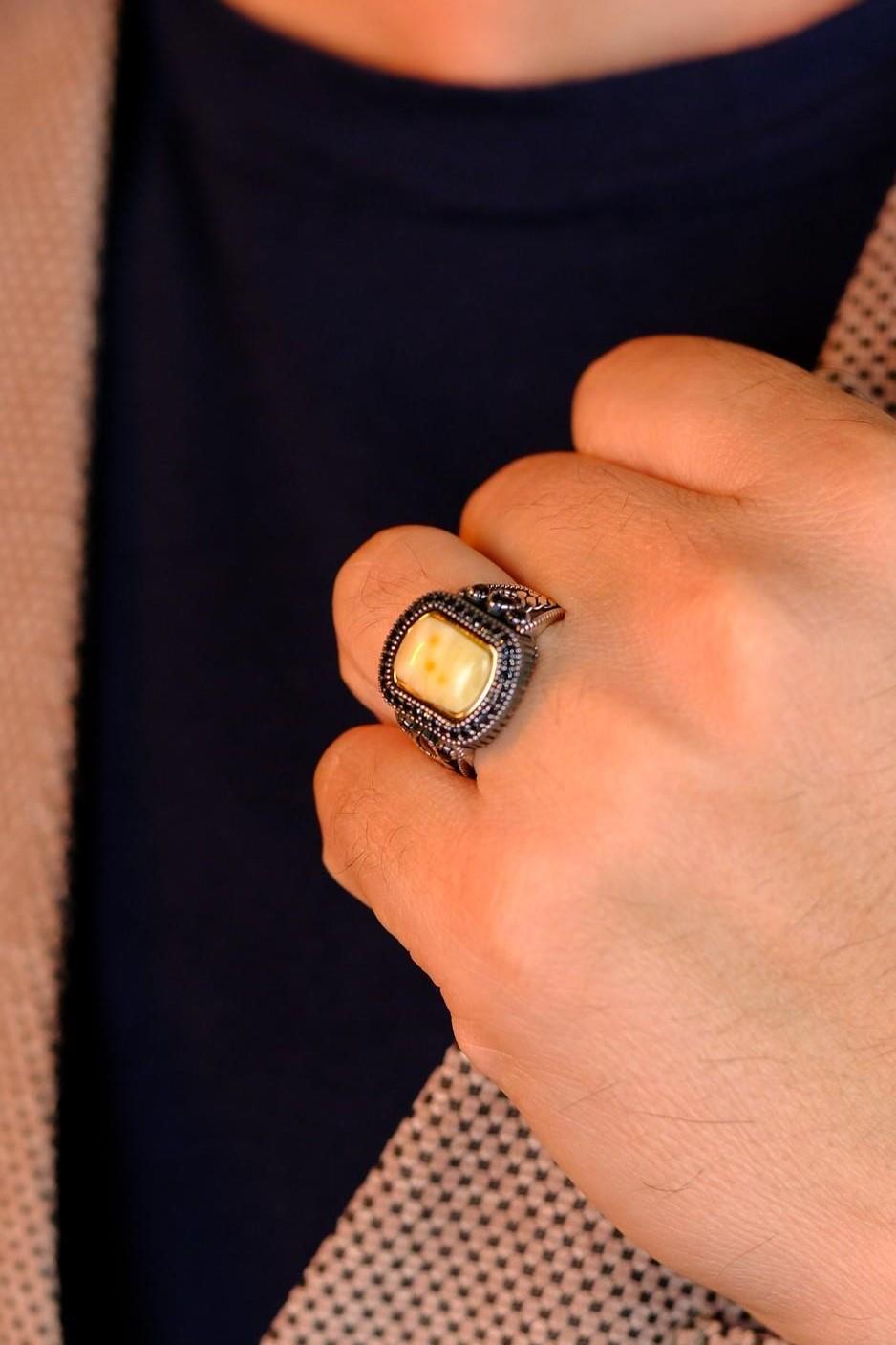 Özel Yapım Damla Kehribar Tasarımlı Gümüş Yüzük 